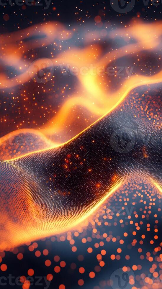 Bright orange and blue abstract pattern resembling waves with shimmering dots at dusk photo