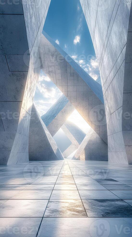 Modern architectural design featuring intricate geometric patterns and soft lighting in a vast open space photo