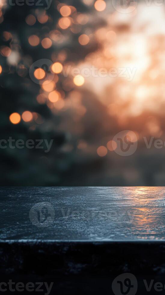 Evening light reflected on a wet surface with a blurred background of bokeh lights in a tranquil setting photo