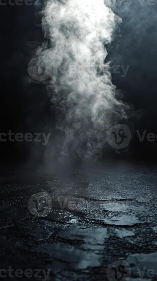 Mysterious swirling fog rises from a dark surface in a dimly lit environment during nighttime photo