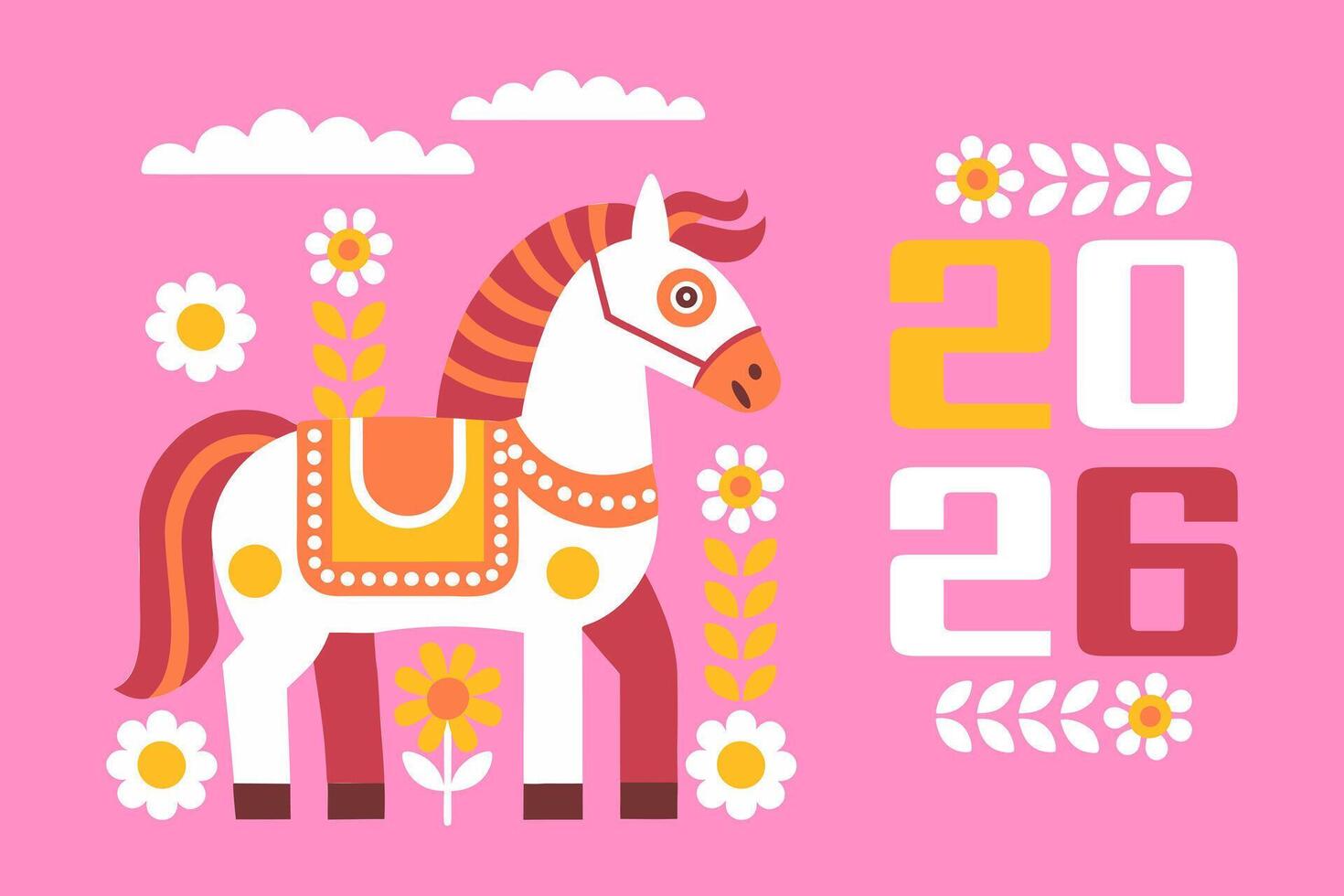 New Year 2026 background with cute horse in nature. Year of the Horse. Modern greeting card. Pop art style Illustration vector
