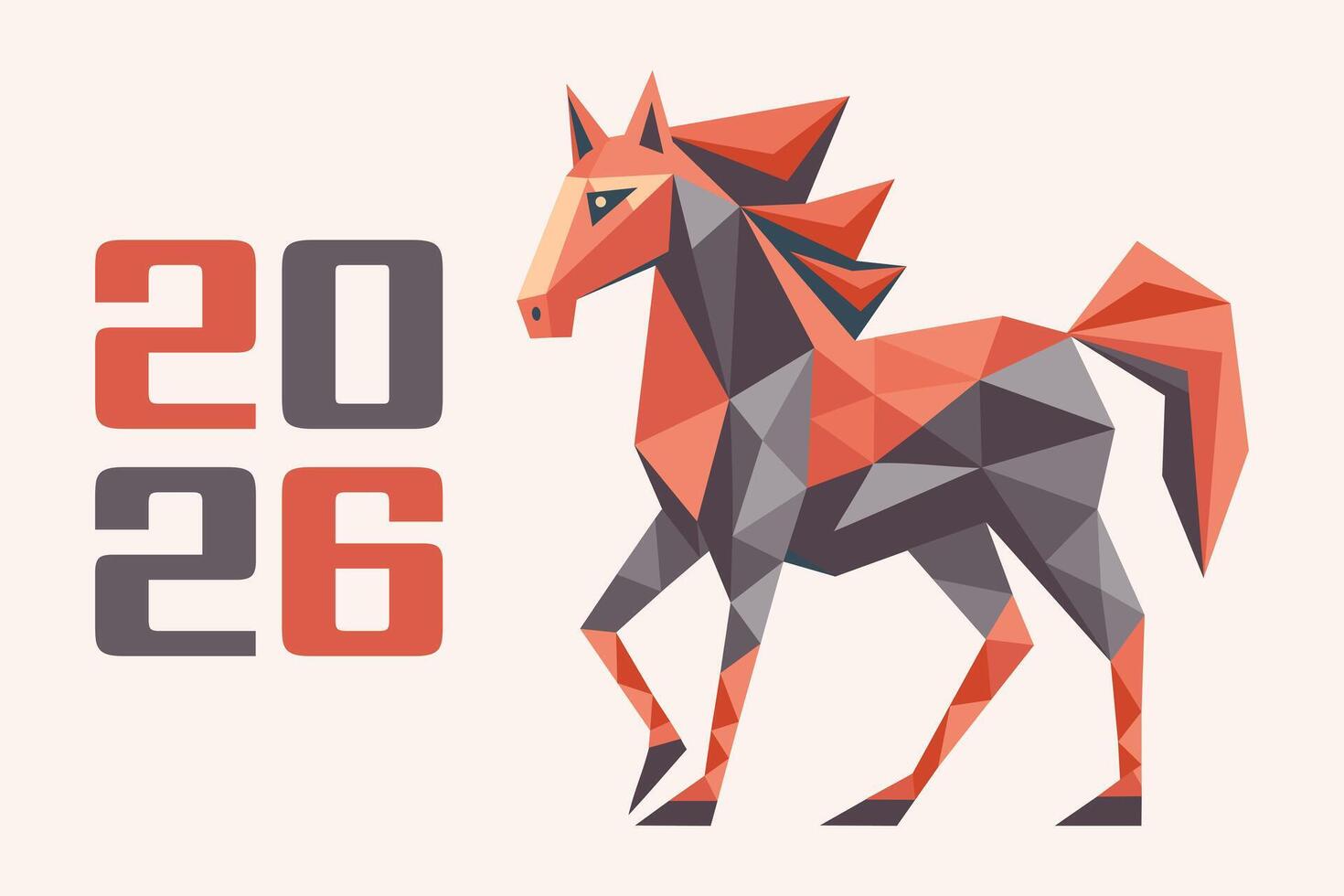 Happy New Year background with a geometric polygonal horse silhouette and the numbers 2026. Year of the Horse. Greeting card. Illustration vector
