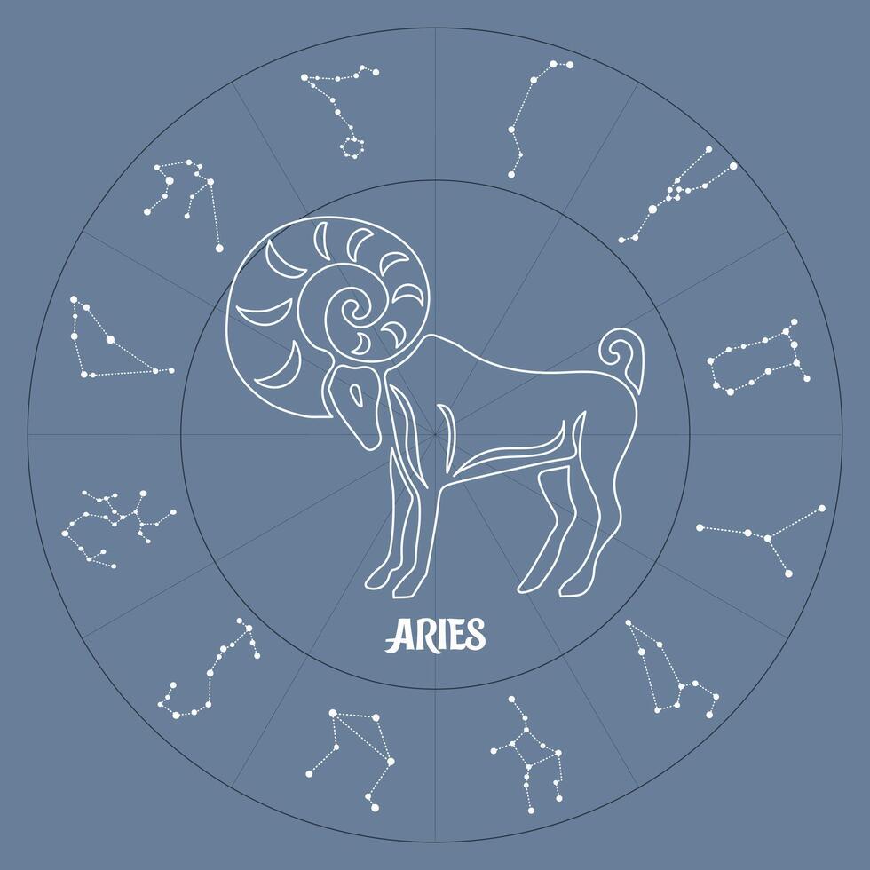 Aries zodiac sign in astrological circle with zodiac constellations, horoscope. Blue and white design vector