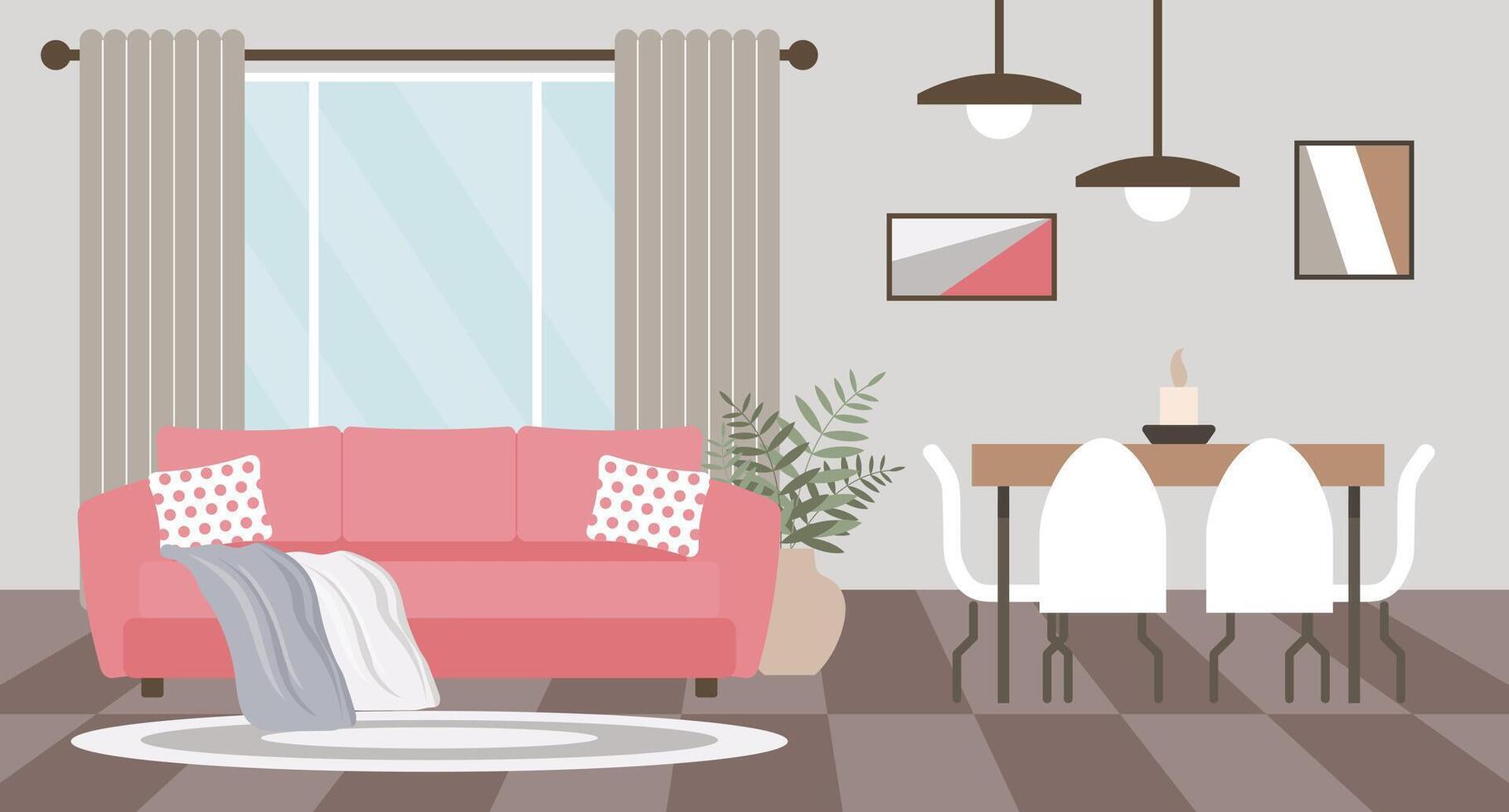 Living room interior with pink sofa, table and chairs, home plants, window and picture frames. Modern design, illustration. vector