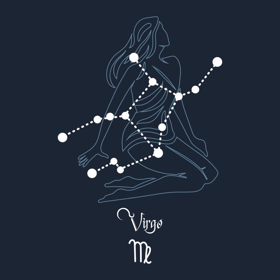 Virgo, constellation and zodiac sign on the background of the cosmic universe. Blue and white design. Illustration vector