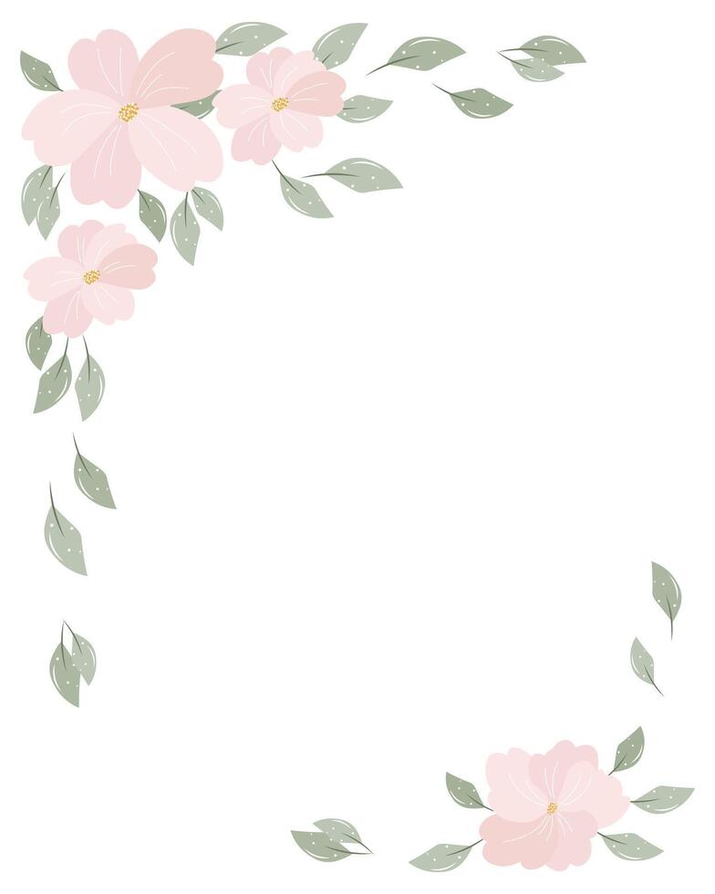 Wedding invitation card with delicate pink flowers and green leaves on white background. Design for birthday, anniversary vector
