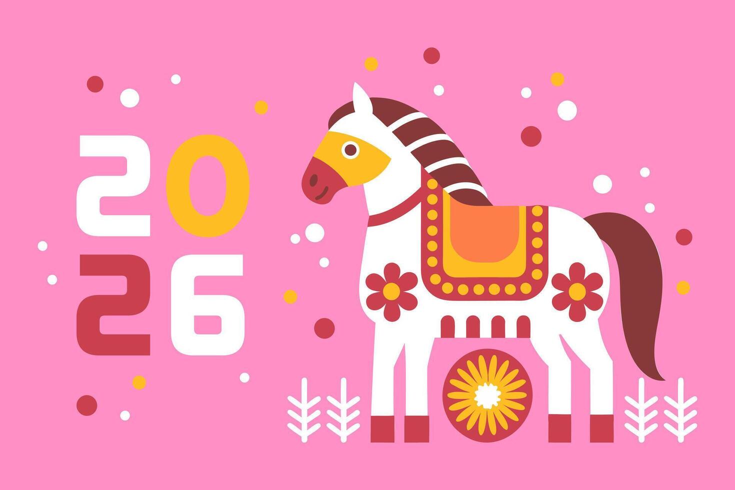 New Year 2026 background with cute horse in nature. Year of the Horse. Modern greeting card. Pop art style vector