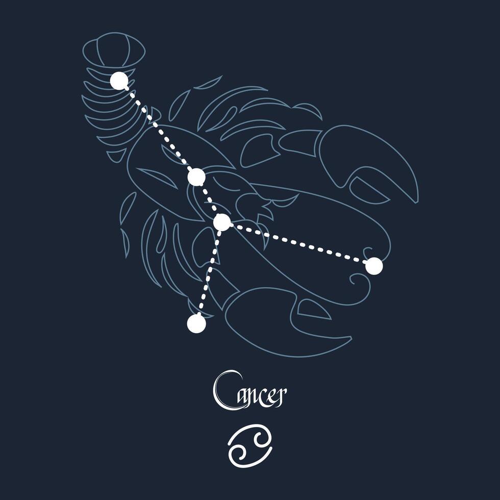 Cancer, constellation and zodiac sign on the background of the cosmic universe. Blue and white design. Illustration vector