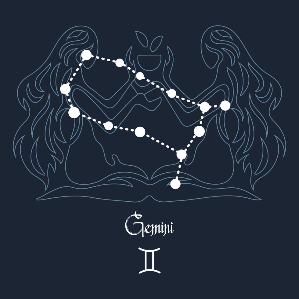 Gemini, constellation and zodiac sign on the background of the cosmic universe. Blue and white design. Illustration vector