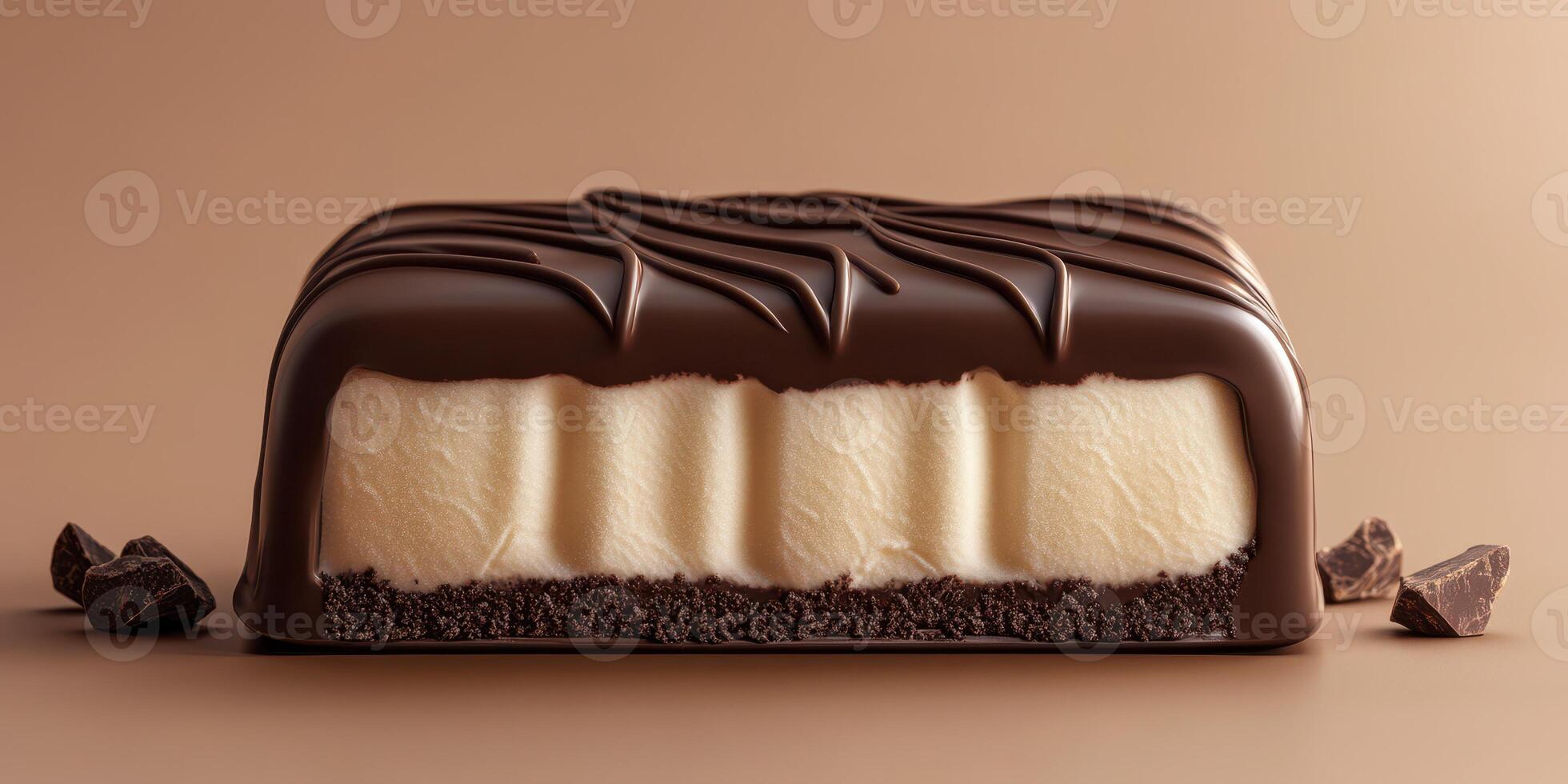 Delicious chocolate layer cake with creamy filling and rich cocoa base displayed on a smooth, warm background photo