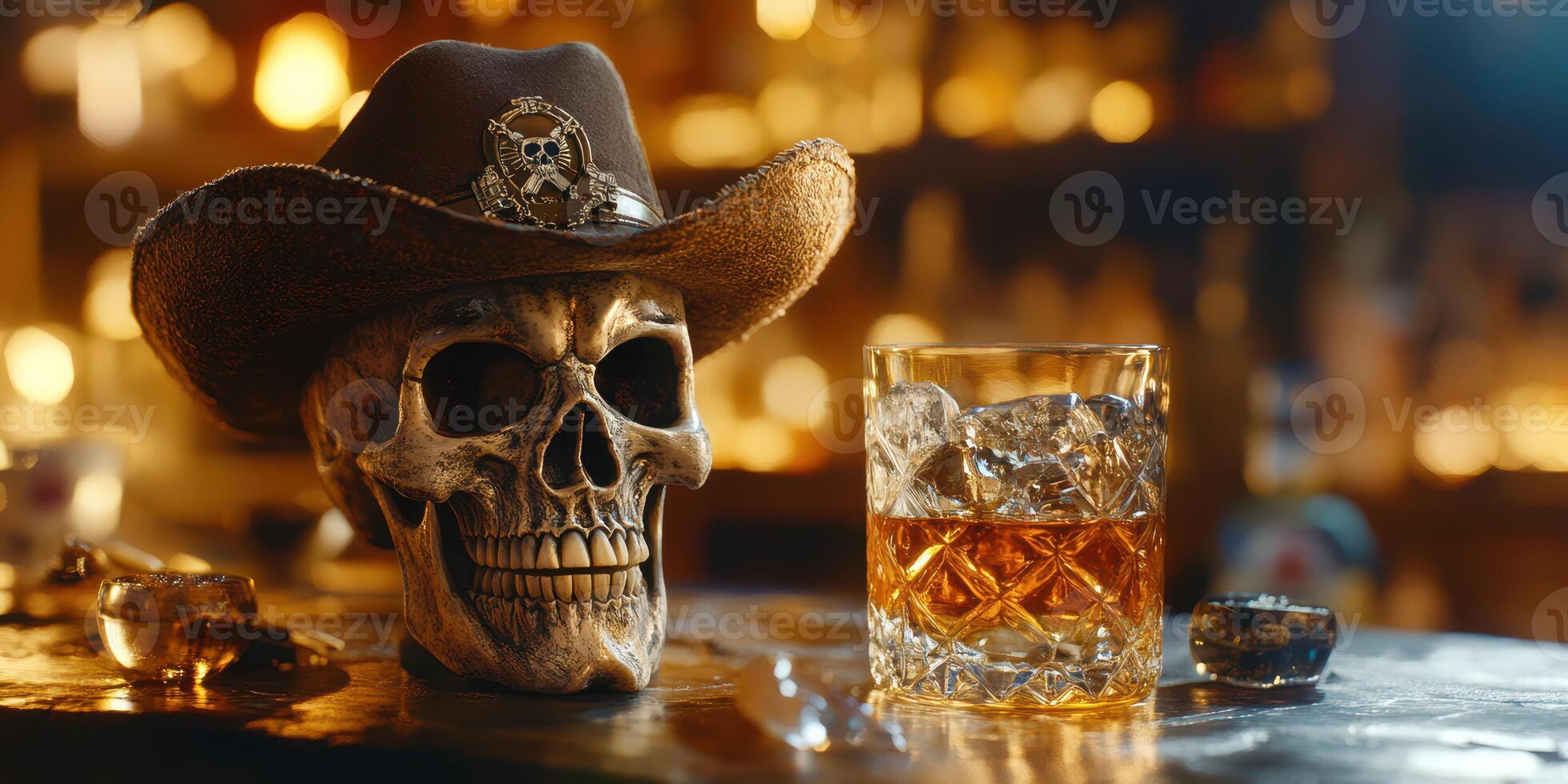 Skull with cowboy hat beside a glass of whiskey in a rustic bar setting at night photo