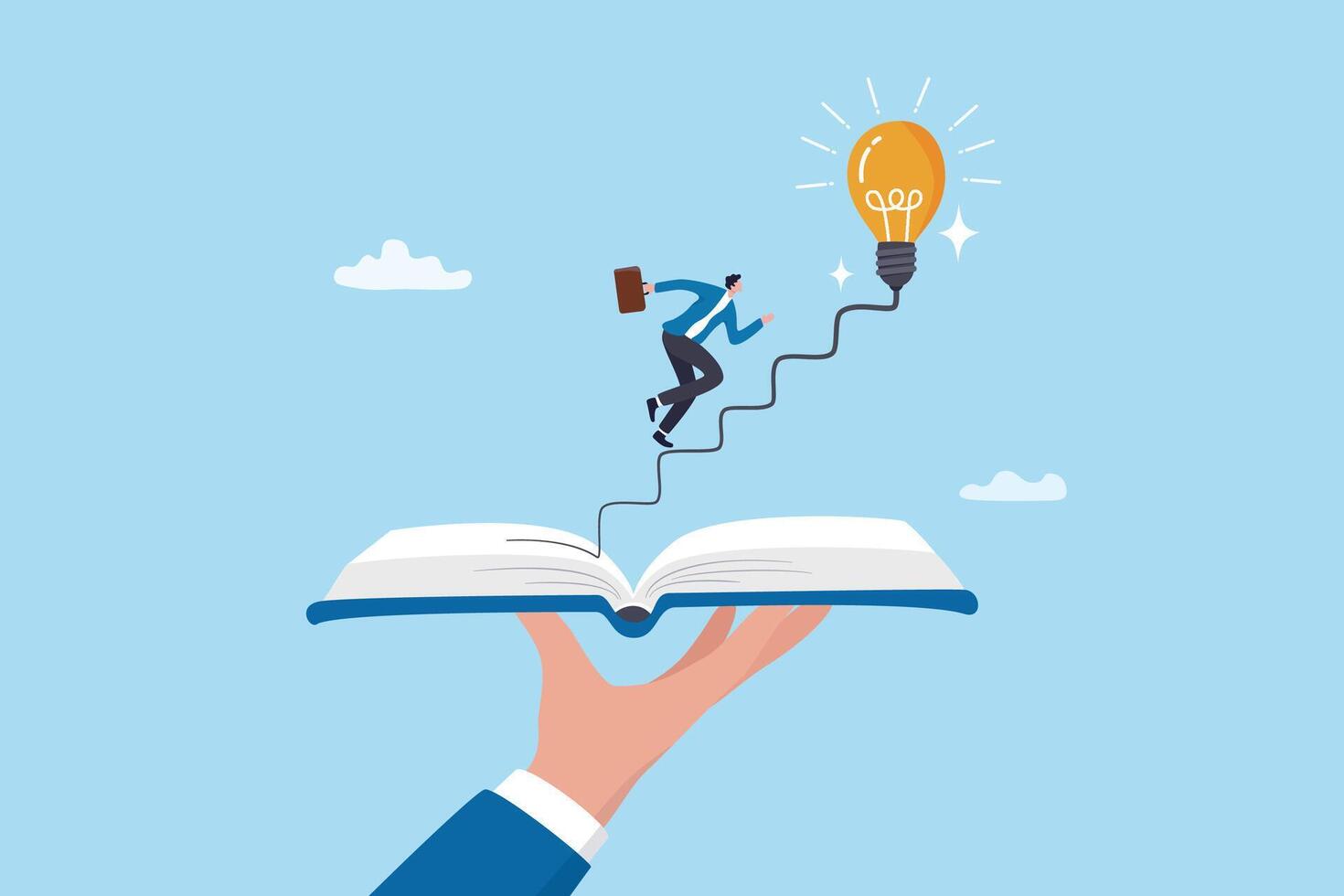 Effective learning new knowledge lead to success, wisdom or idea creativity, literature or inspiration, opportunity advice concept, young man running on opening book with stair up to lightbulb idea. vector