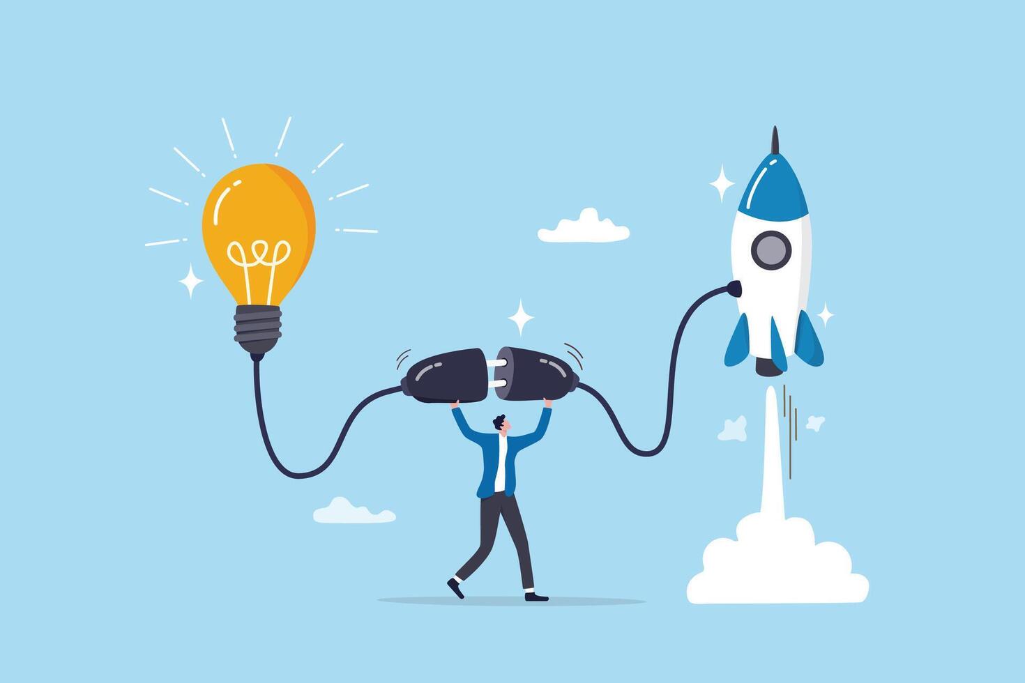 Entrepreneur business idea creating startup company, start new business with creativity, innovation, company founder, inventor or development, businessman connect lightbulb idea with launching rocket. vector