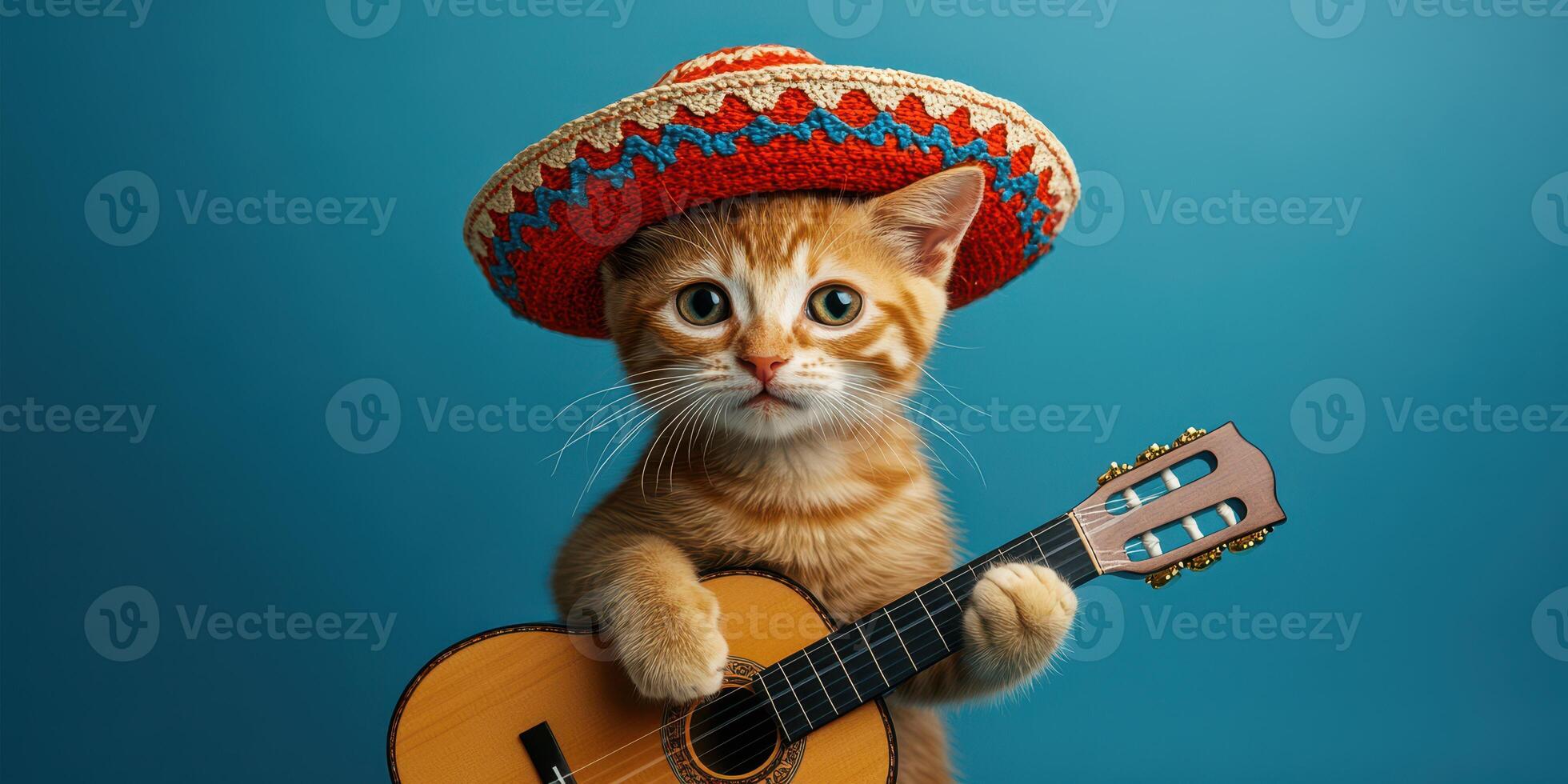 Cat wearing a sombrero plays a small guitar against a blue background during a fun music session photo