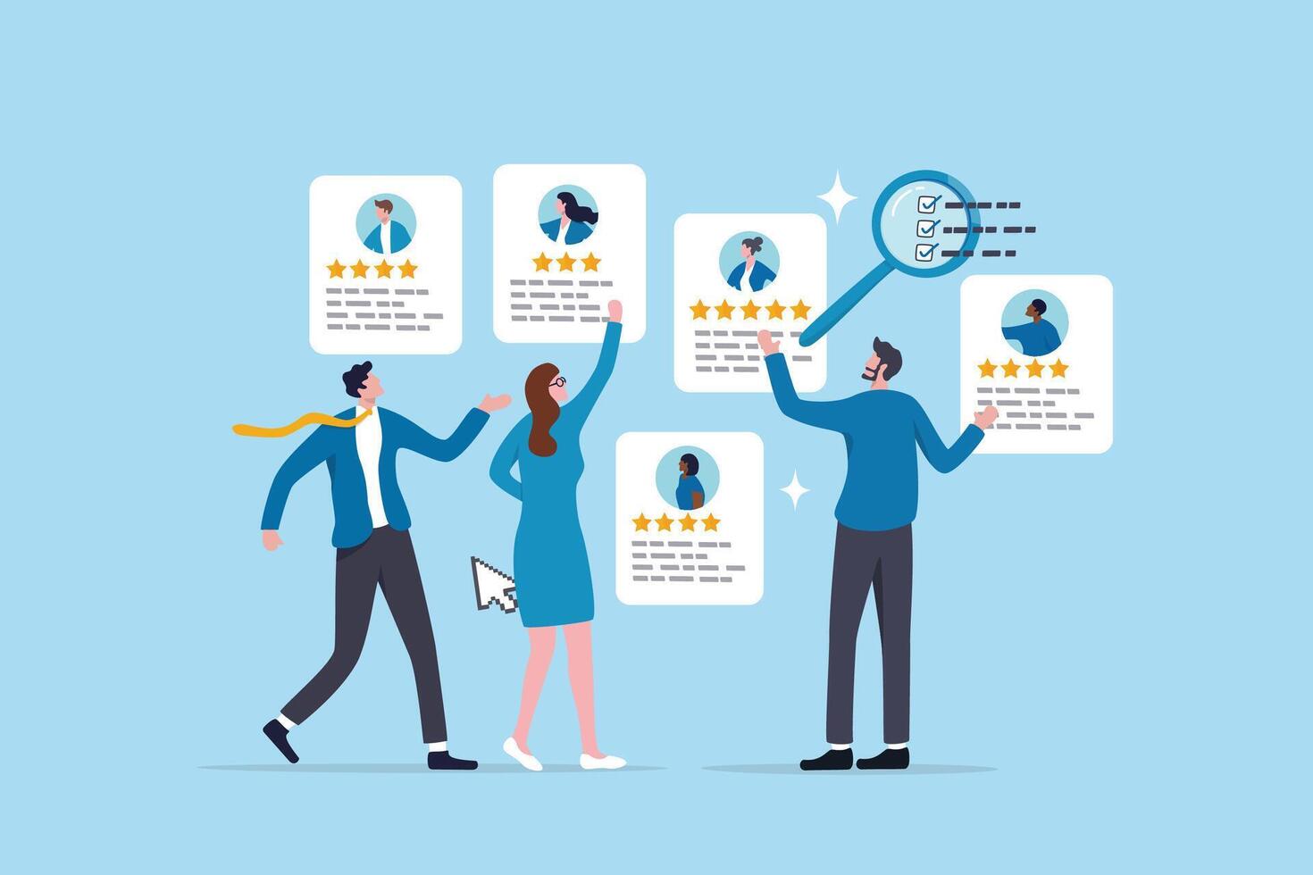 Choosing candidate alternative, recruitment human resources manager, finding employee for job vacancy, discover new talent or applicant concept, business people HR choosing prospect candidate resume. vector