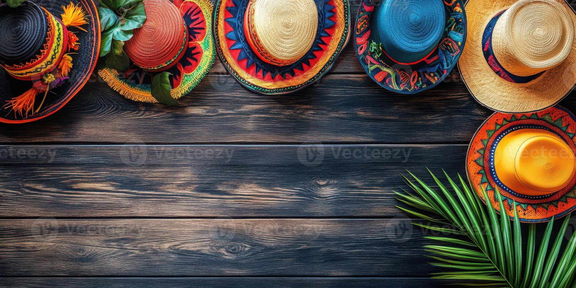 Colorful variety of traditional hats displayed on a rustic wooden surface with tropical leaves nearby photo