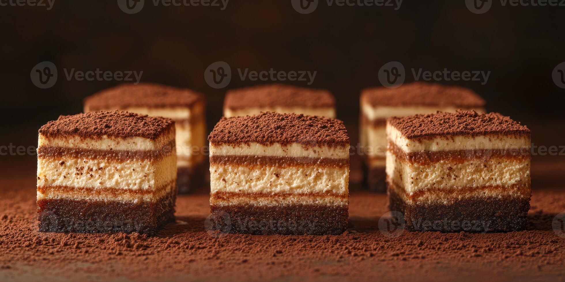 Sliced dessert squares arranged in a neat row with rich layers of cream and cocoa powder on top photo
