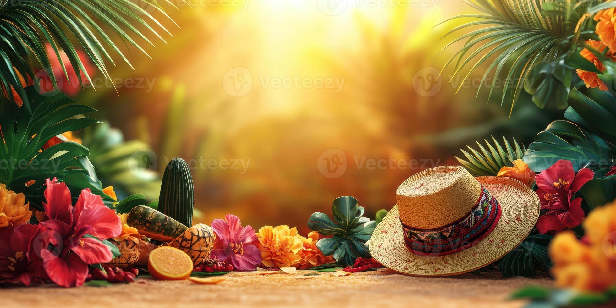 Vibrant tropical setting with a straw hat and colorful flowers at sunset in a lush garden photo