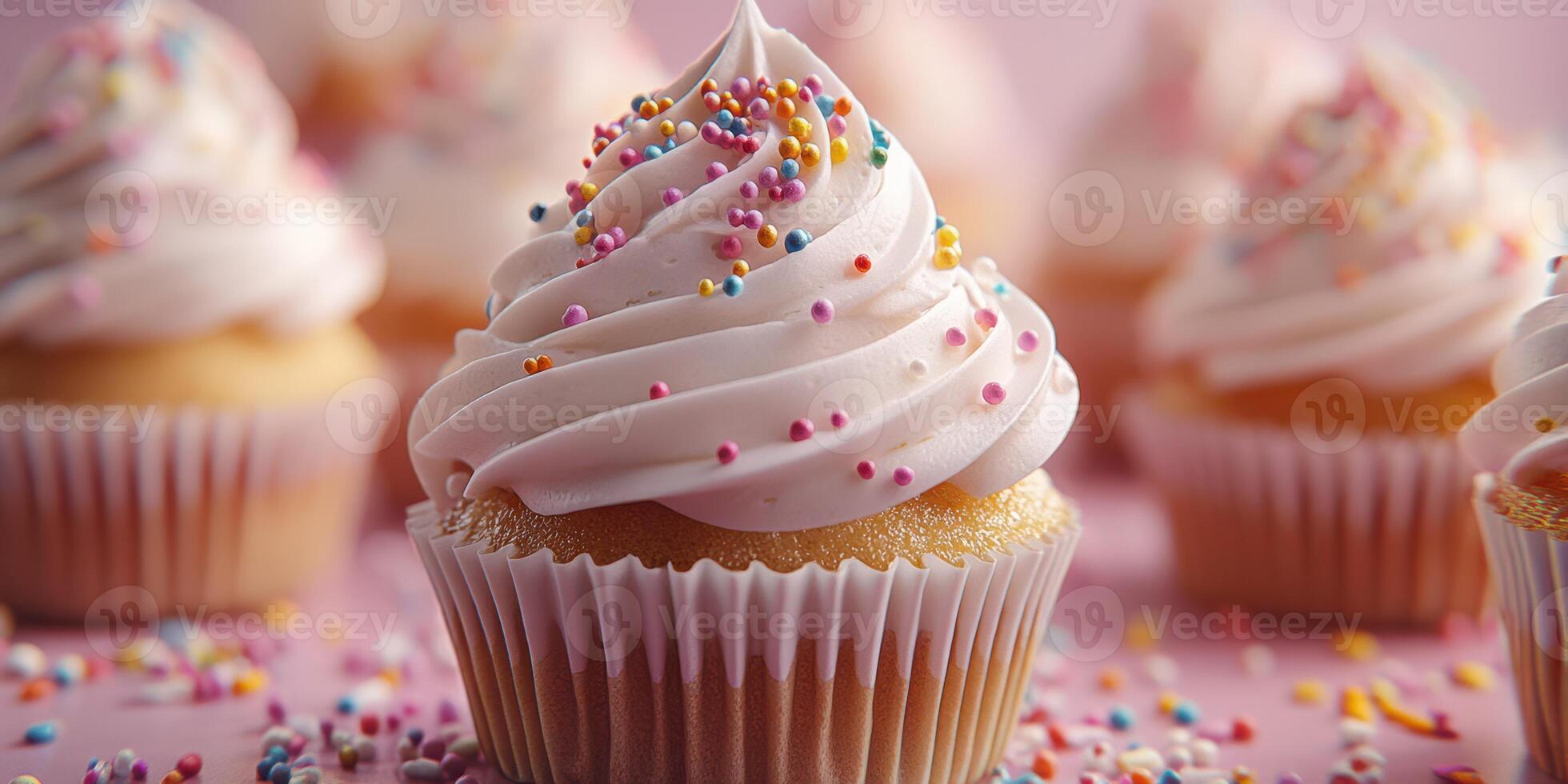 Colorful cupcakes with creamy frosting and sprinkles perfect for a celebration or dessert table display photo