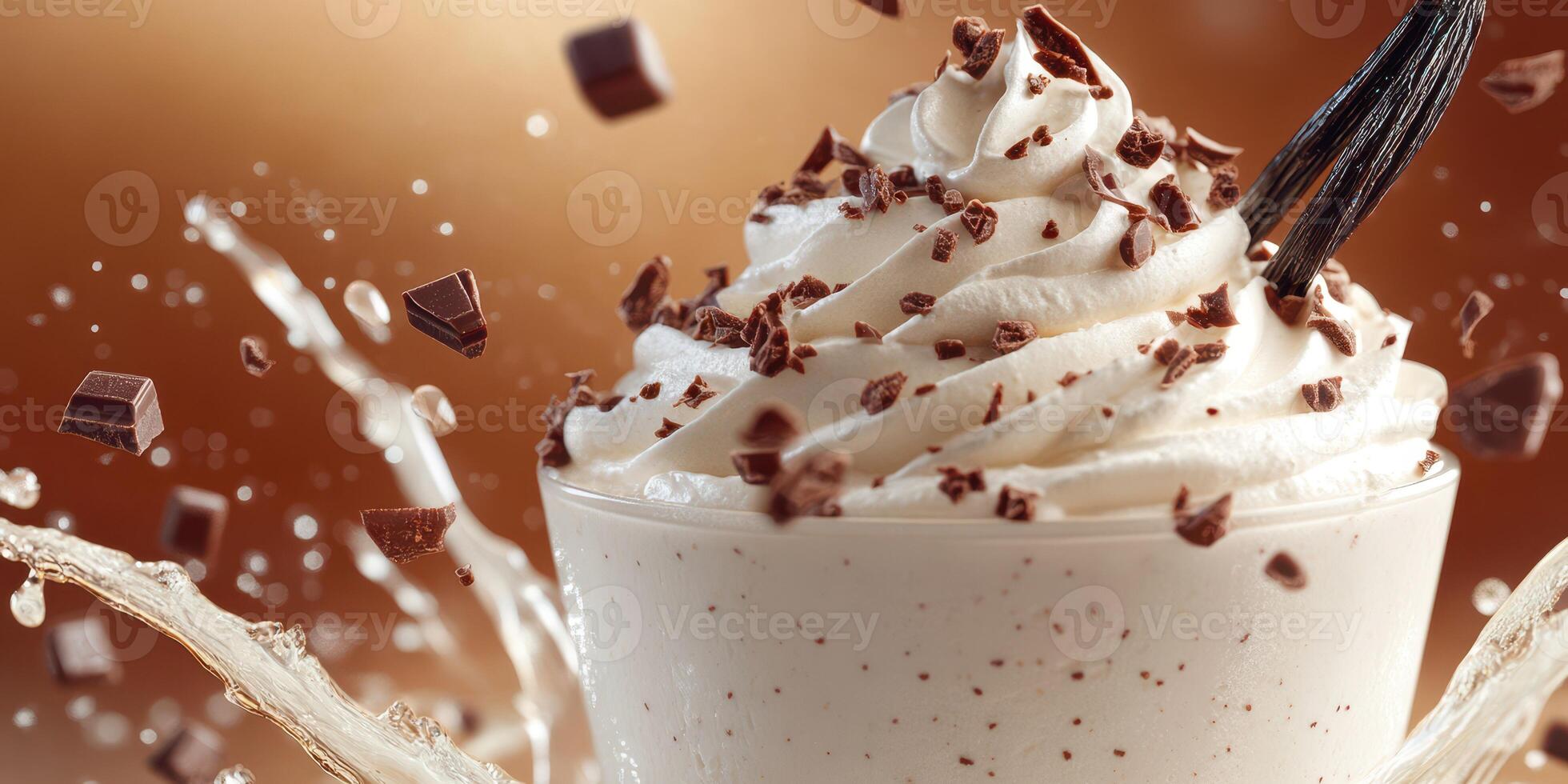 Delicious dessert with whipped cream and chocolate flakes splashing against a warm brown background photo