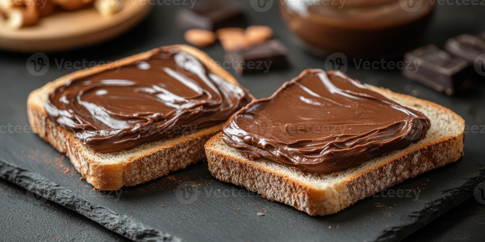 Chocolate spread generously applied on slices of whole grain bread with chocolate pieces and nuts in the background photo