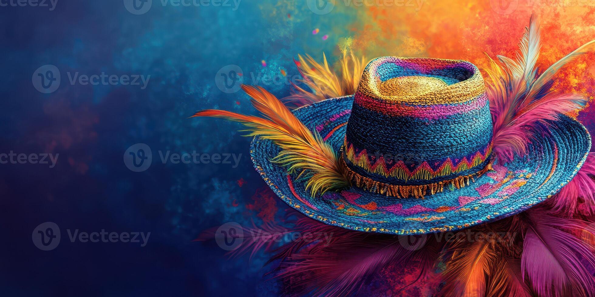 Colorful sombrero adorned with feathers against a vibrant background in an artistic display photo