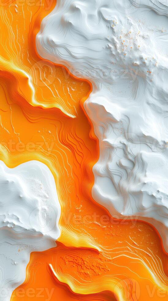 Vivid orange river flowing through white textured landscape, showcasing natural contrast and intricate patterns photo