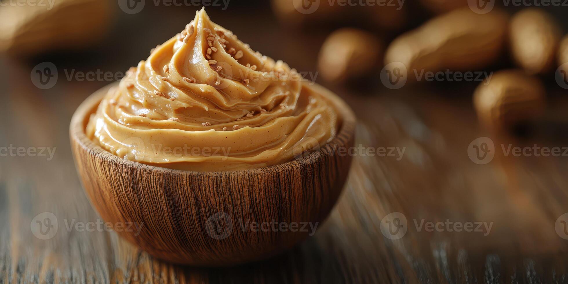 Creamy peanut butter in a wooden bowl with peanuts scattered in the background and natural light enhancing the texture photo