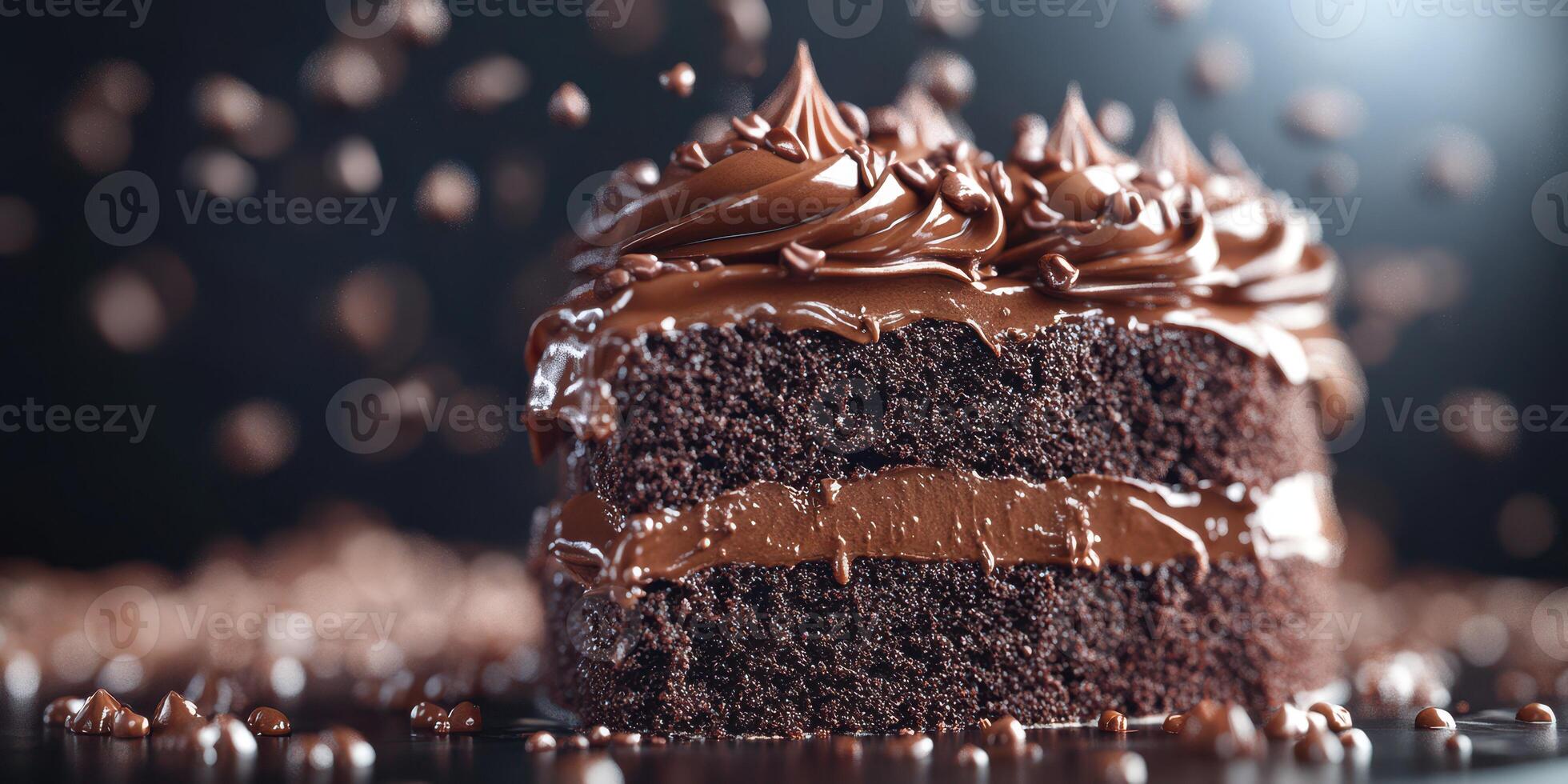 Delicious chocolate cake with rich frosting and sprinkles displayed against a dark background photo