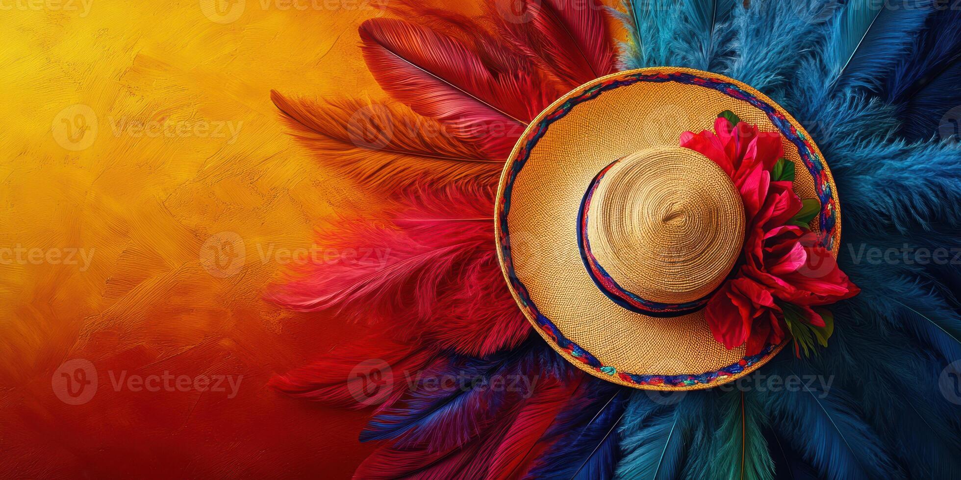 Colorful sombrero adorned with vibrant feathers on a warm gradient background photo