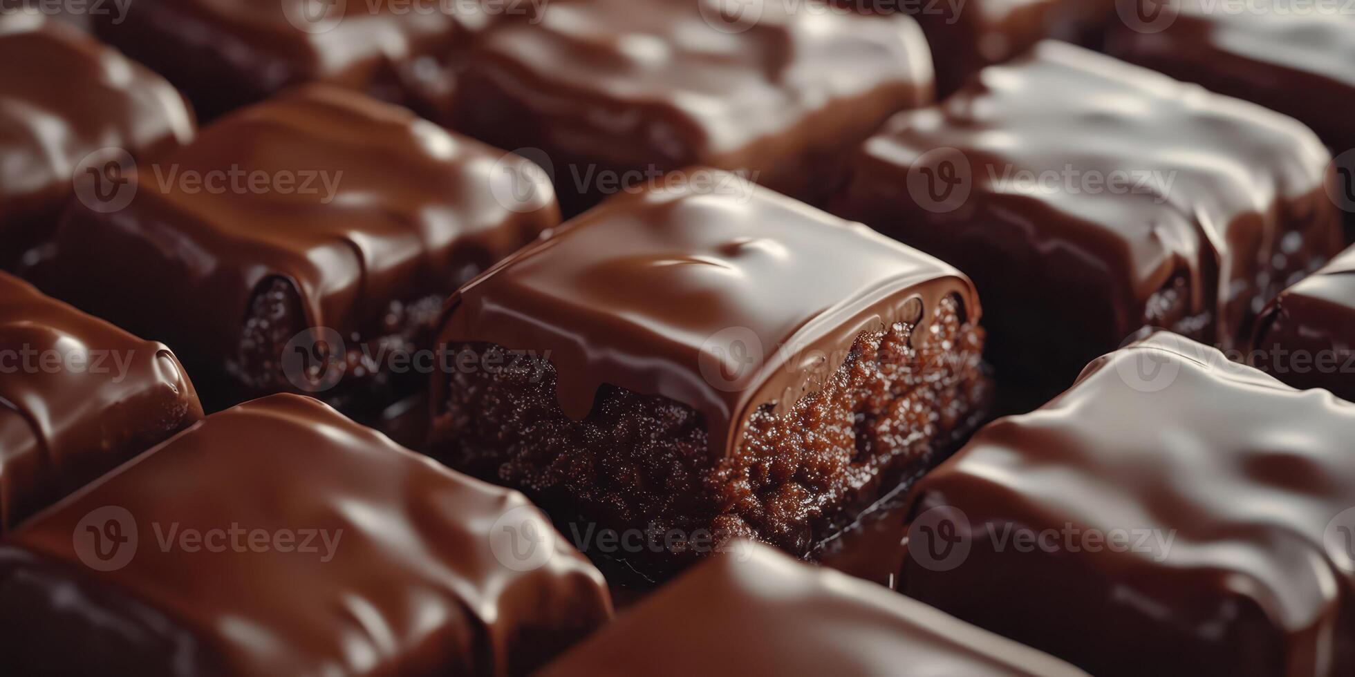 Chocolate squares arranged neatly on a wooden surface create an enticing dessert display photo