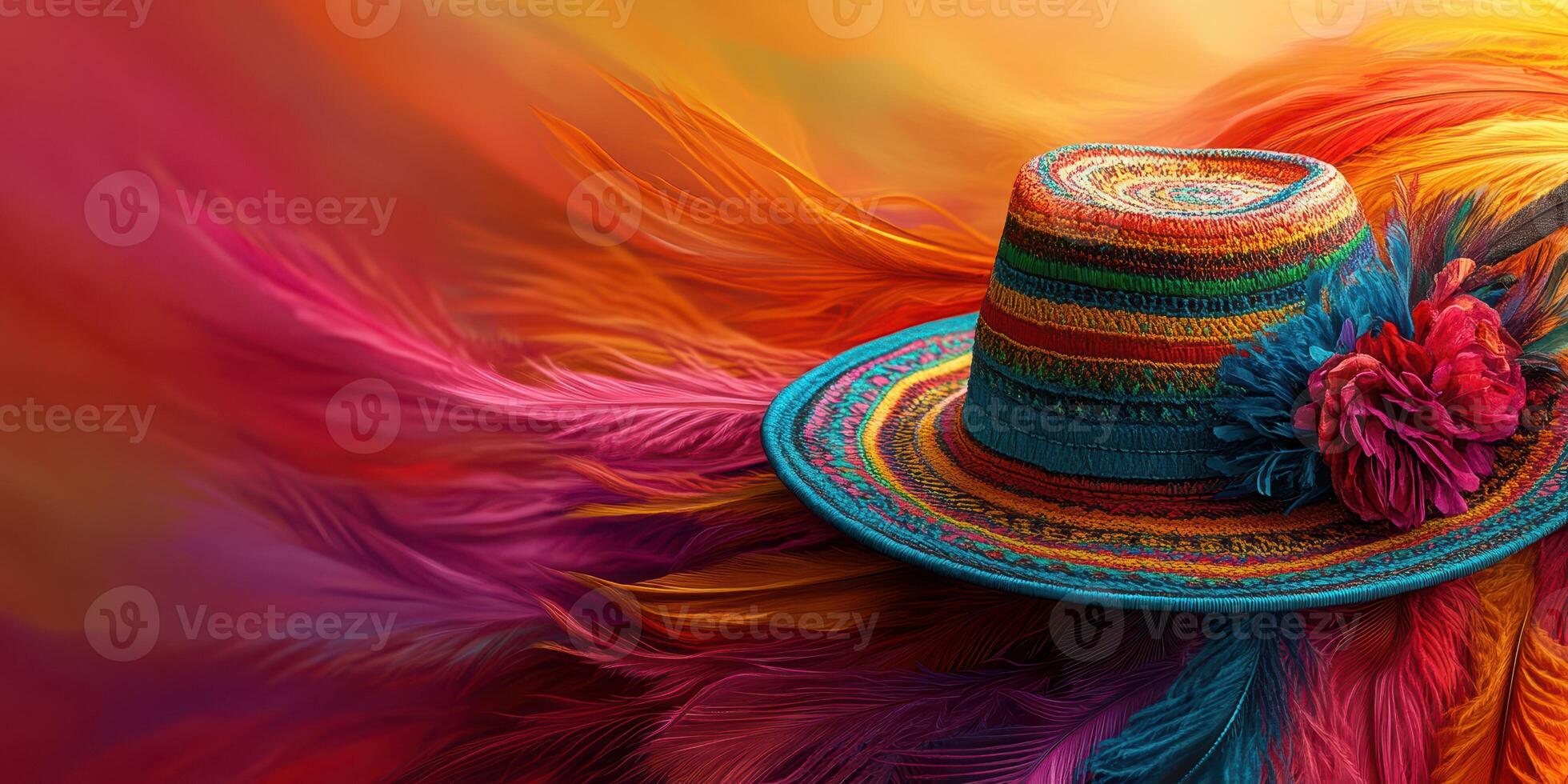 Colorful hat adorned with vibrant feathers and flowers placed against a warm gradient background photo