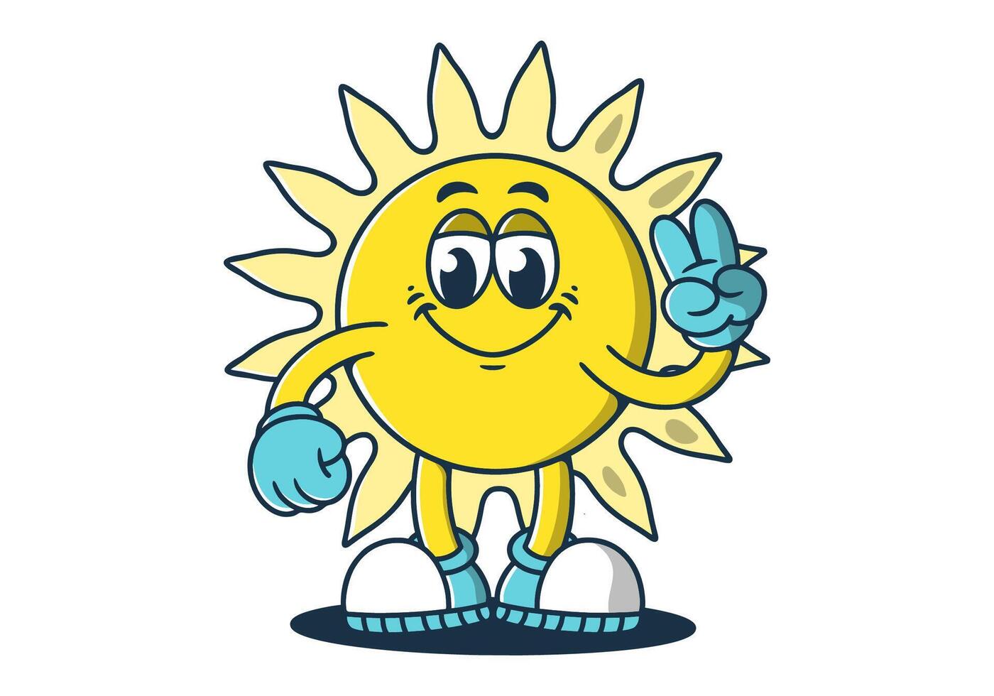 Happy sun mascot character in peace hand symbol. White isolated background vector