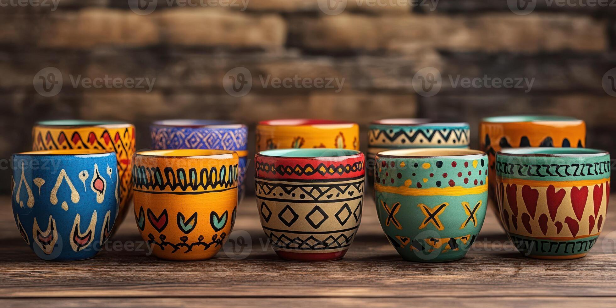 Colorful hand-painted ceramic cups arranged on a rustic wooden table in a well-lit indoor setting photo