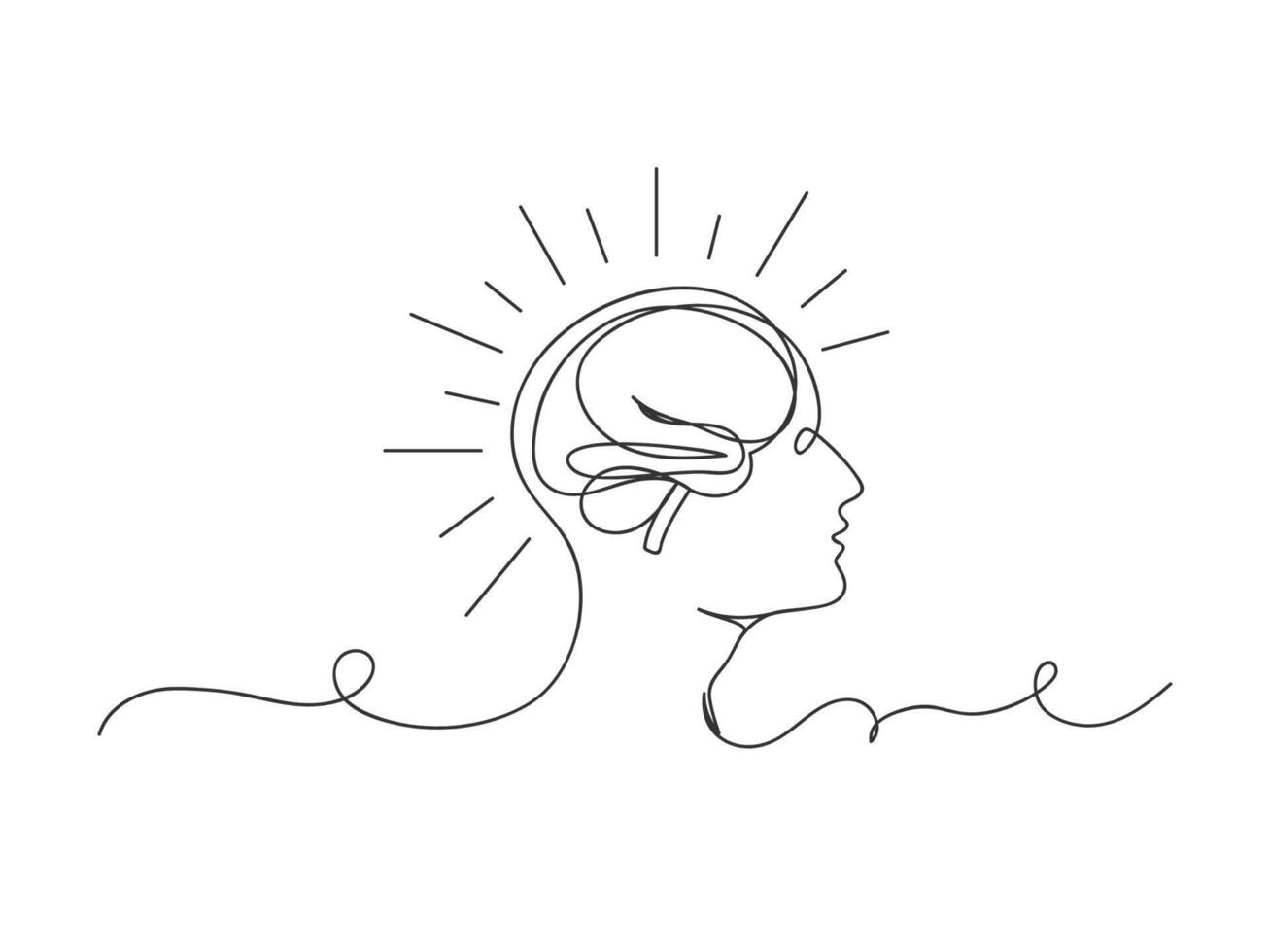 Man head and brain continuous one line art shape isolated. vector