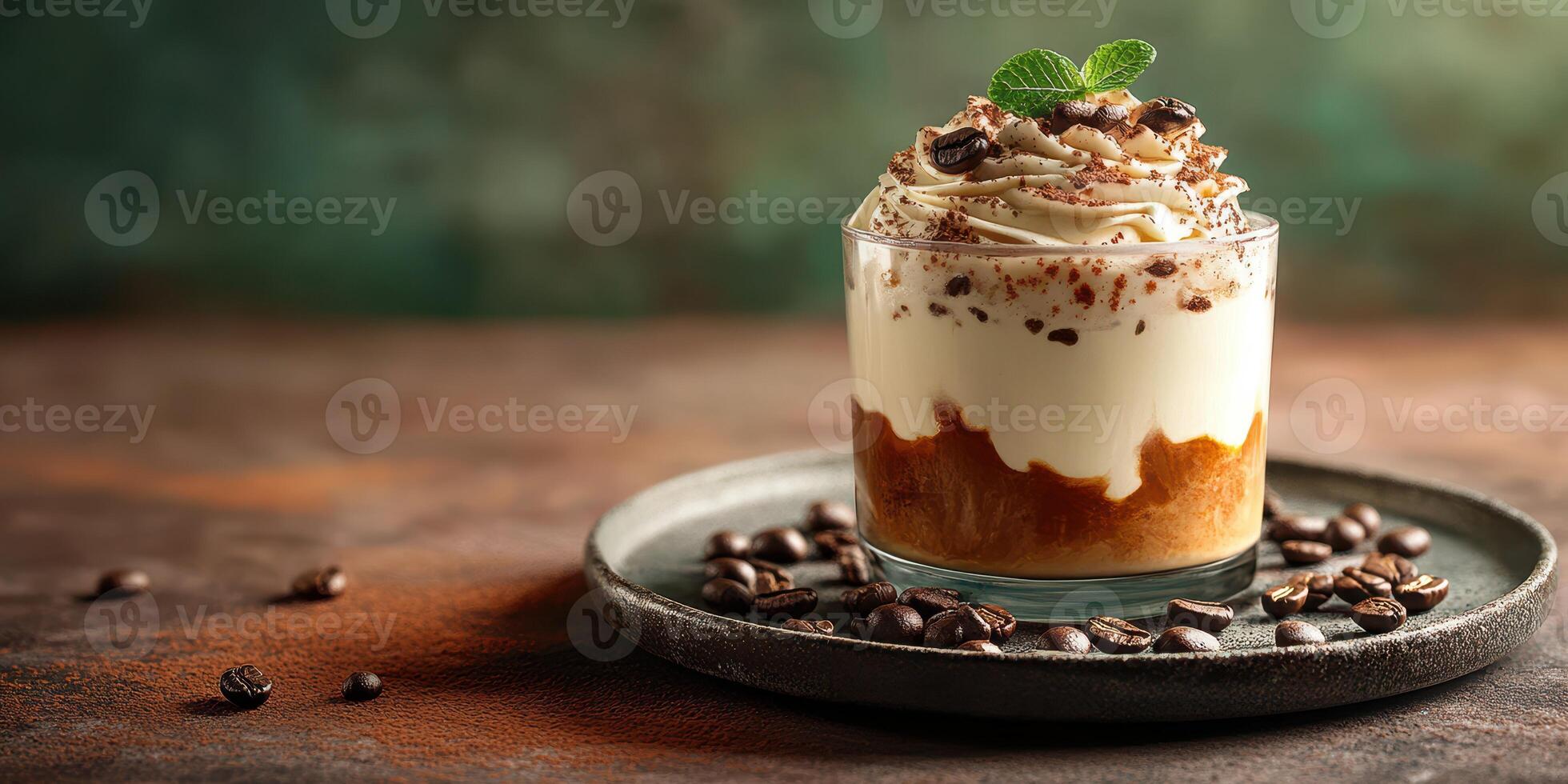 Decadent dessert featuring coffee layers and whipped cream garnished with mint on a rustic table photo