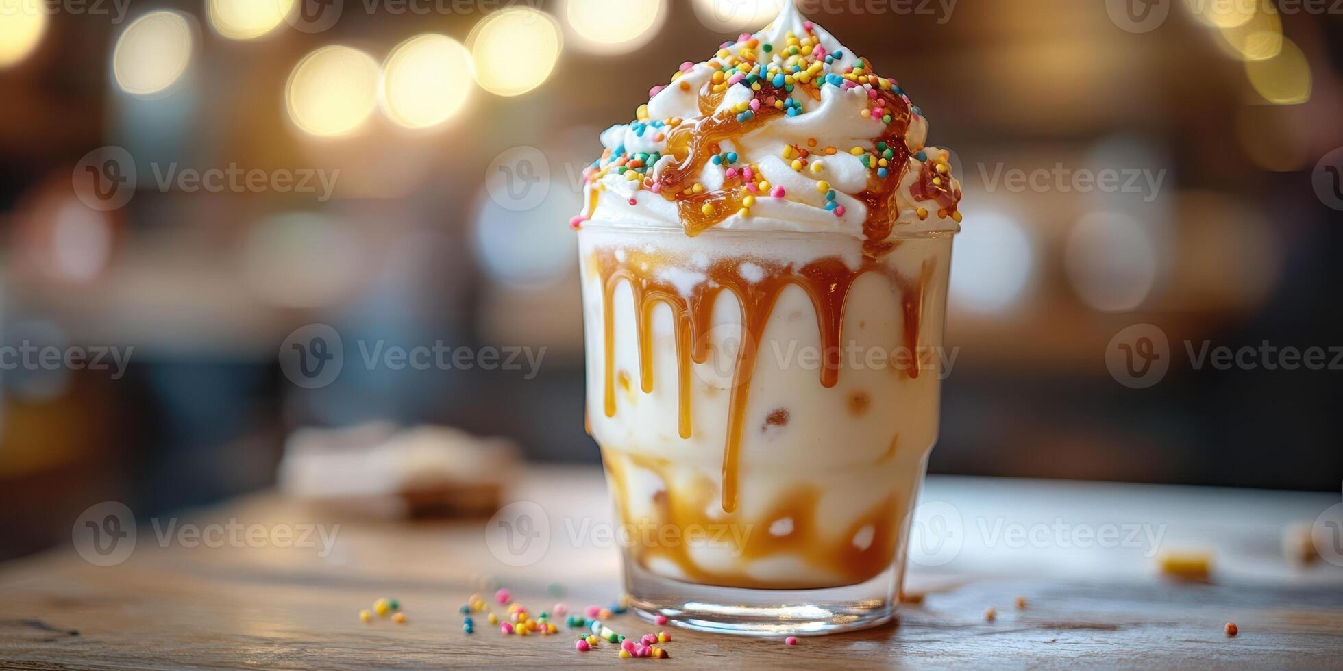 Delicious dessert served in a glass with colorful toppings and caramel drizzle at a cozy cafe in the evening photo