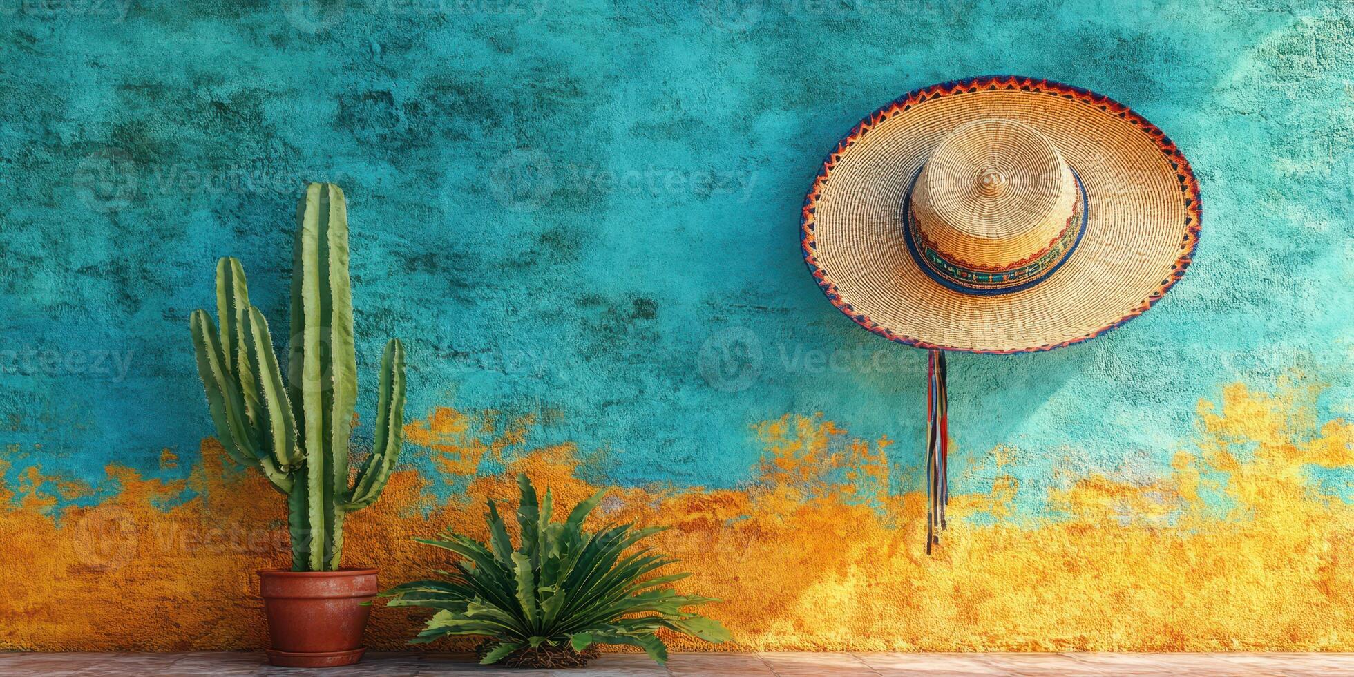 Colorful wall with straw hat and cacti in outdoor setting, capturing the essence of a vibrant cultural atmosphere photo