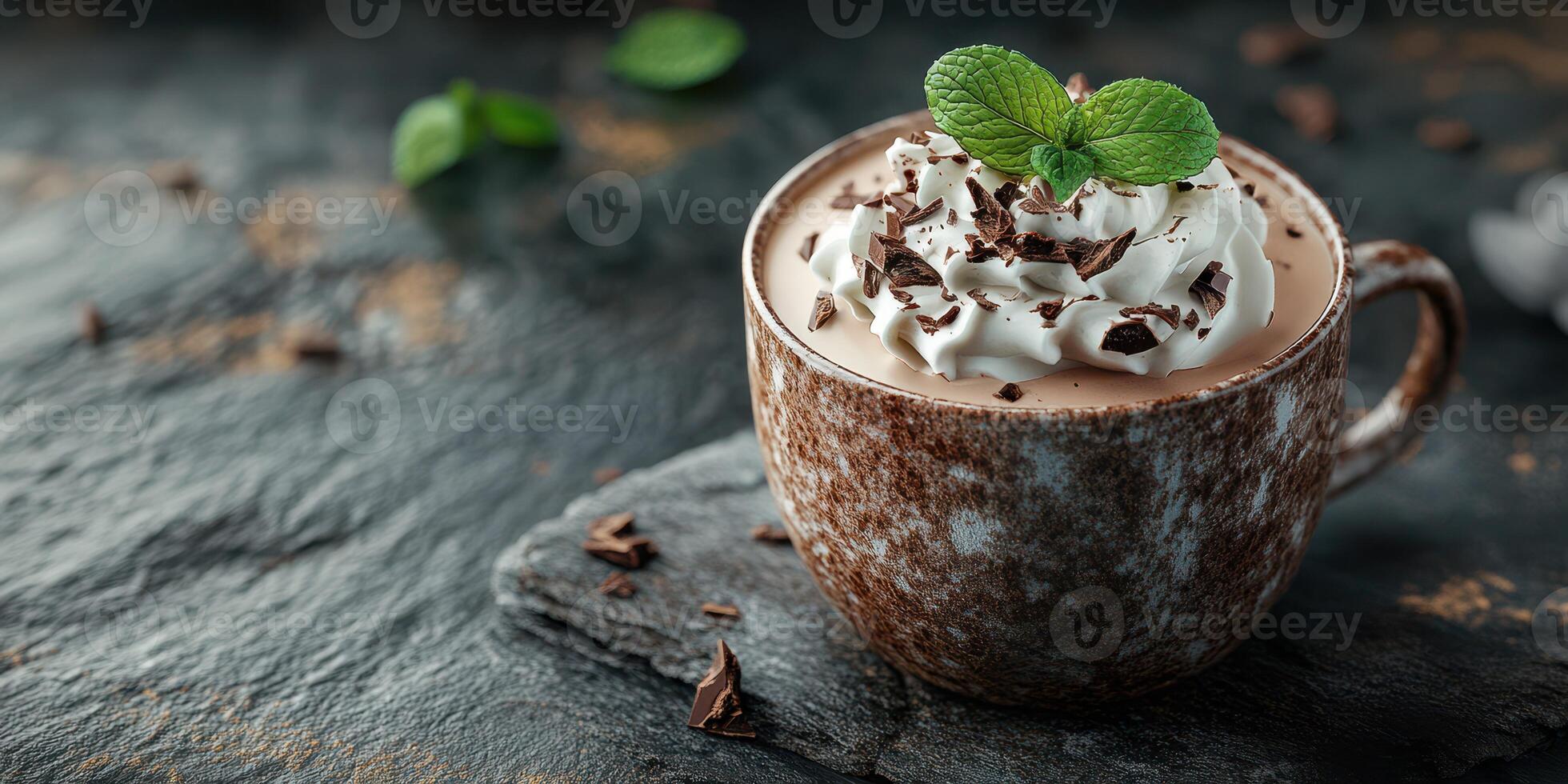 Hot chocolate topped with whipped cream and chocolate shavings served in a rustic mug on a dark stone background photo