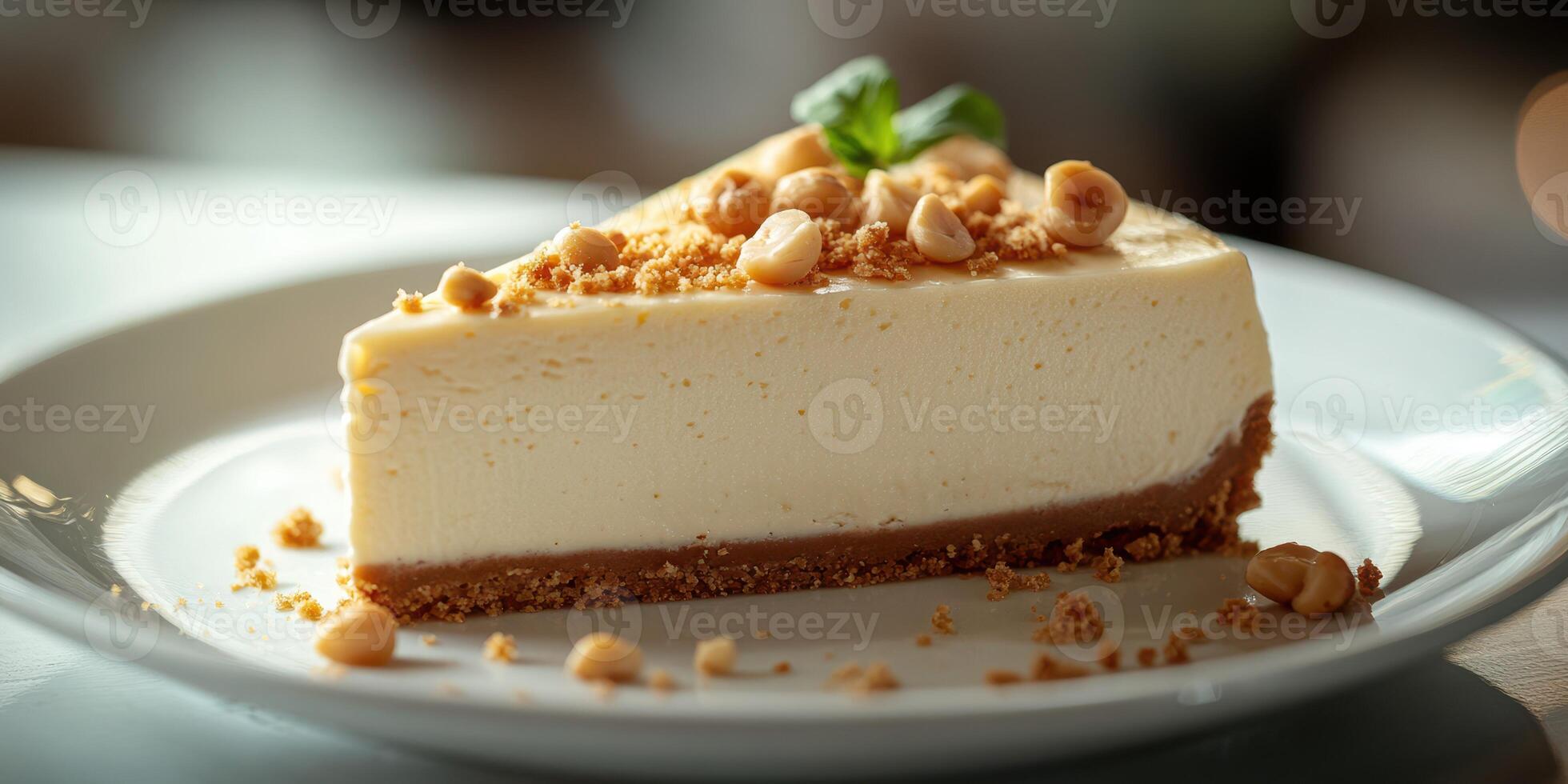 Delicious cheesecake slice topped with crunchy nuts served on a plate at a local dessert cafe in the afternoon photo
