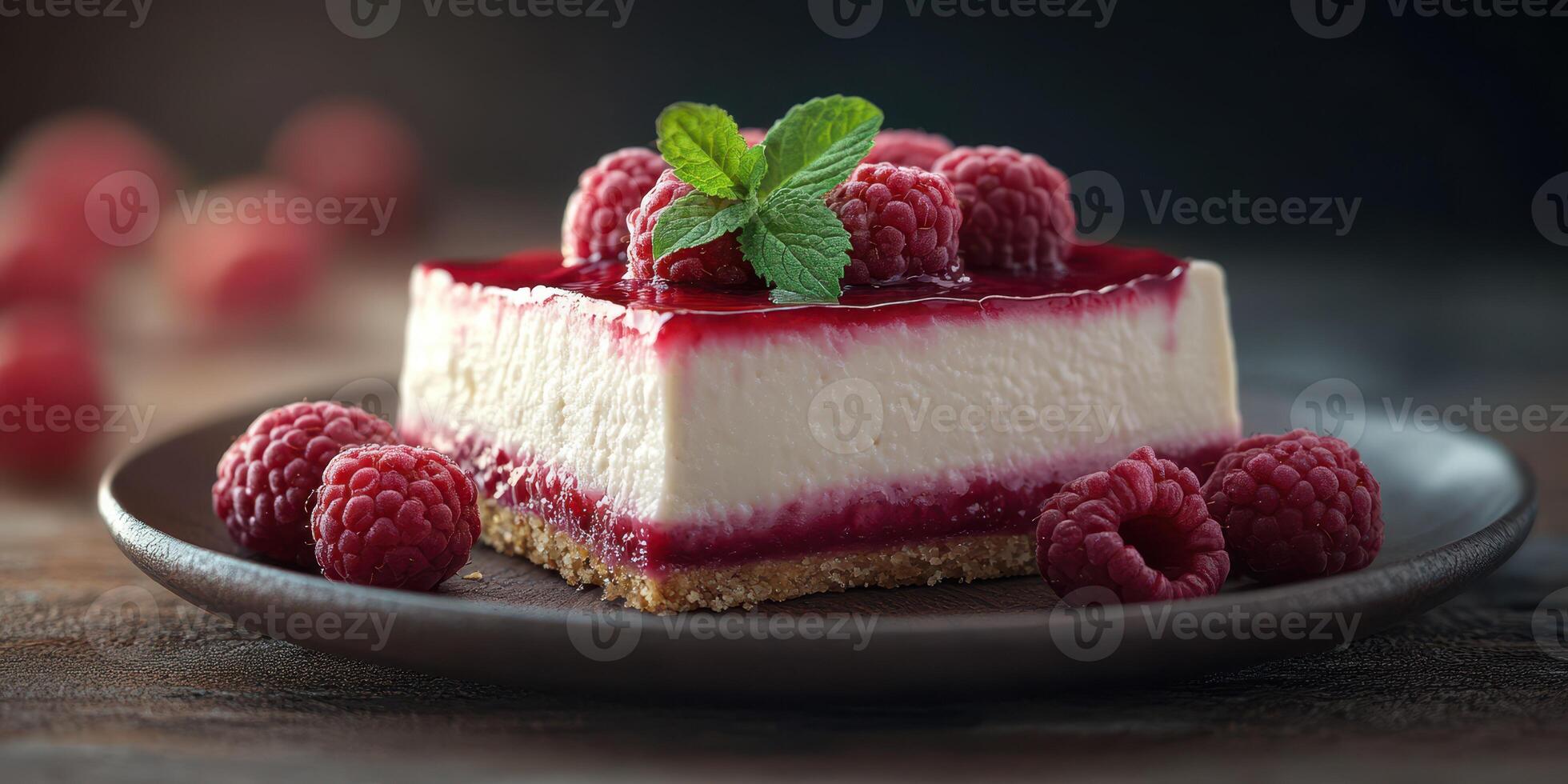 Delicious raspberry cheesecake with fresh berries and mint on a dark wooden table photo