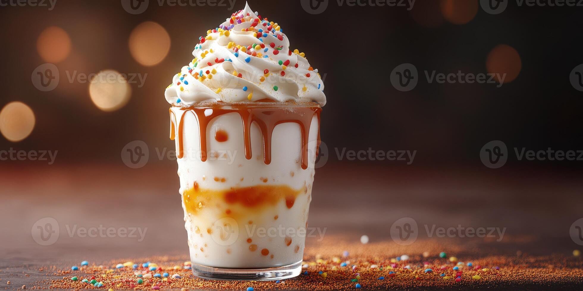 Delicious dessert with creamy layers, colorful sprinkles, and caramel drizzle enjoyed in a cozy setting at night photo