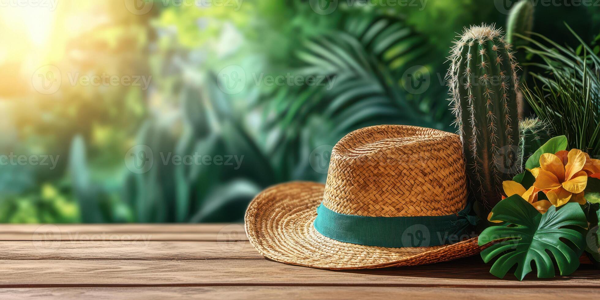 Straw hat placed on a wooden surface adorned with tropical flowers and a cactus in a lush garden setting photo