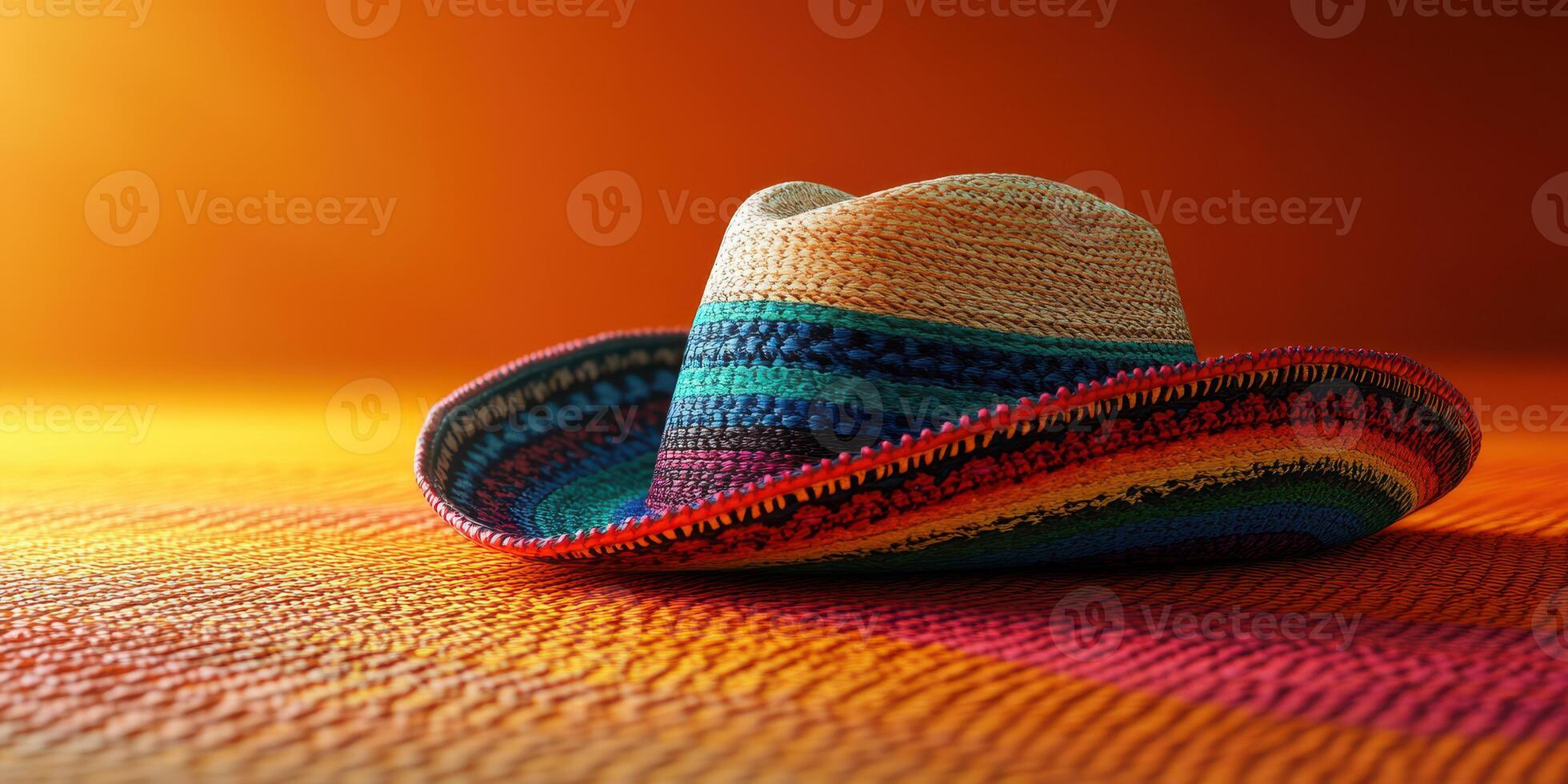 Colorful sombrero resting on a vibrant textile background during sunset in a warm, inviting atmosphere photo