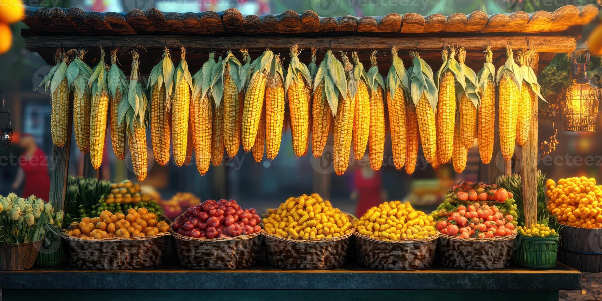 Colorful market stall displays fresh produce and corn during the day in an outdoor setting photo