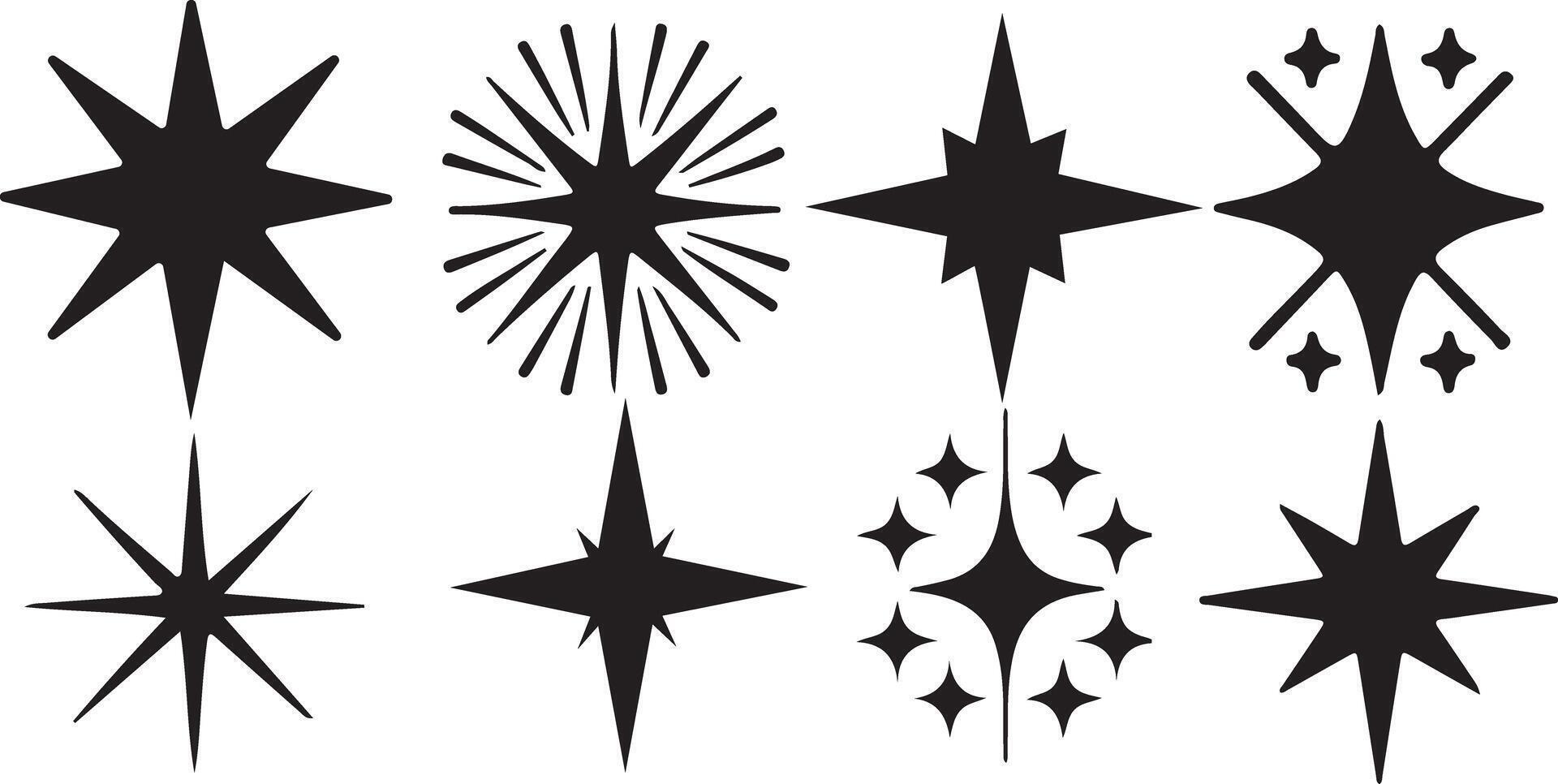 Sparkling star icons with Y2K inspired geometric twinkle and glowing light bursts vector