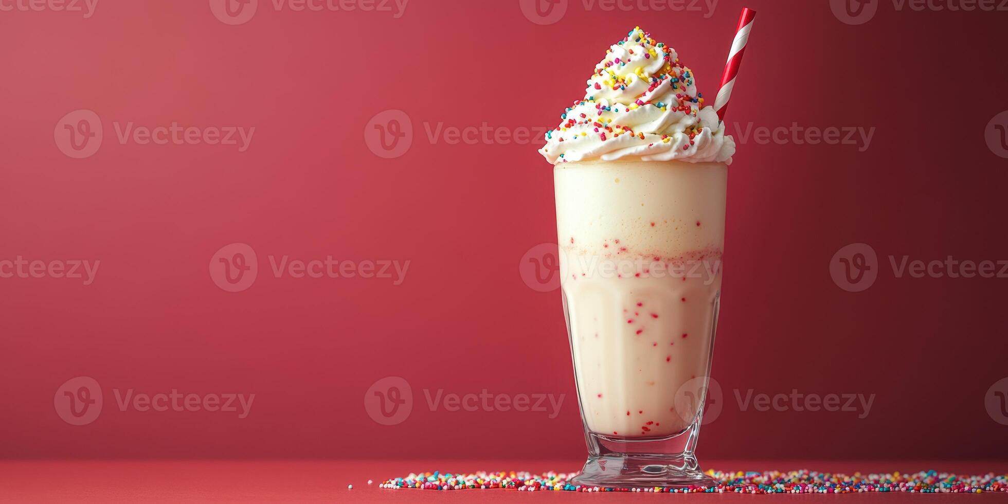 Creamy milkshake topped with whipped cream and colorful sprinkles on a vibrant red background photo