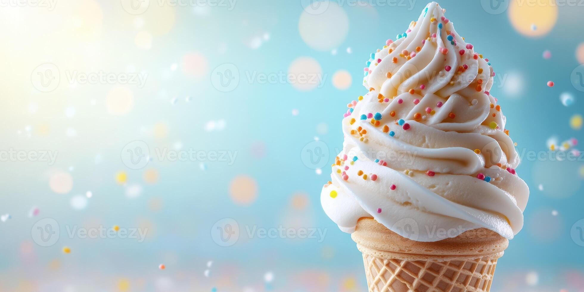 Delicious soft serve ice cream cone topped with colorful sprinkles in a bright setting photo