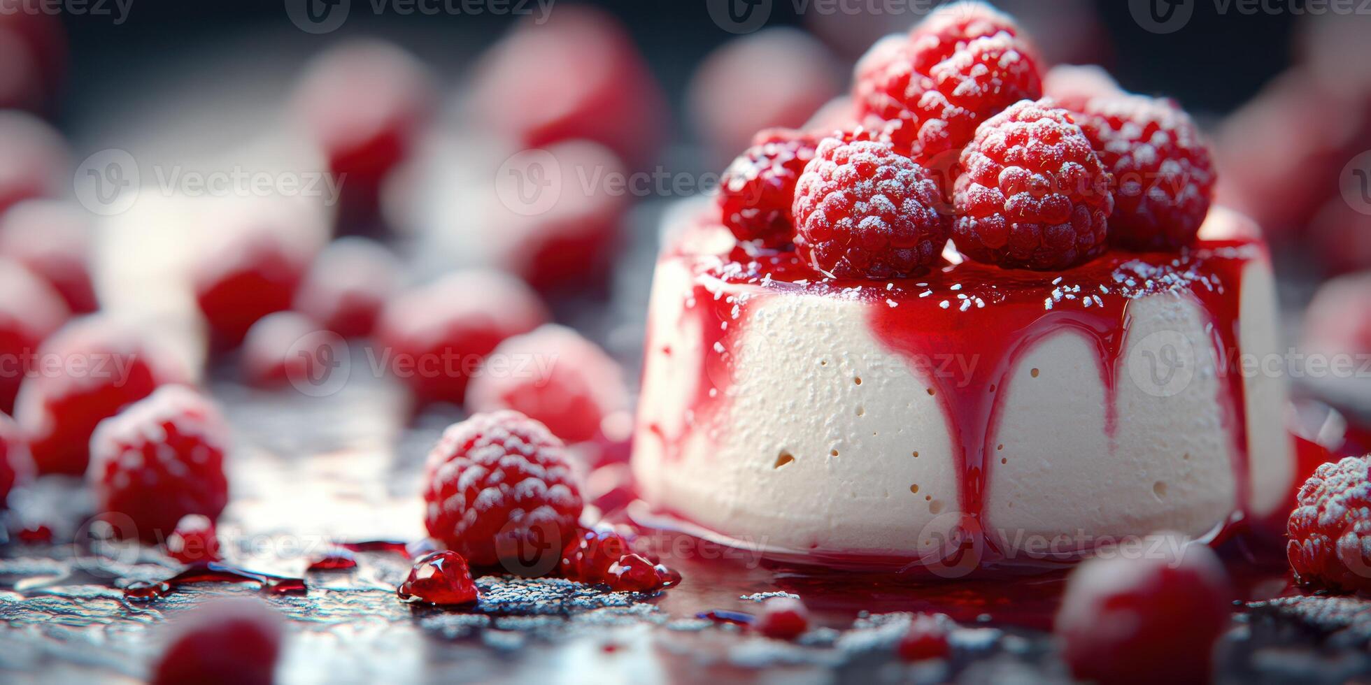 Delicious raspberry dessert with sweet sauce and fresh berries on a dark background photo