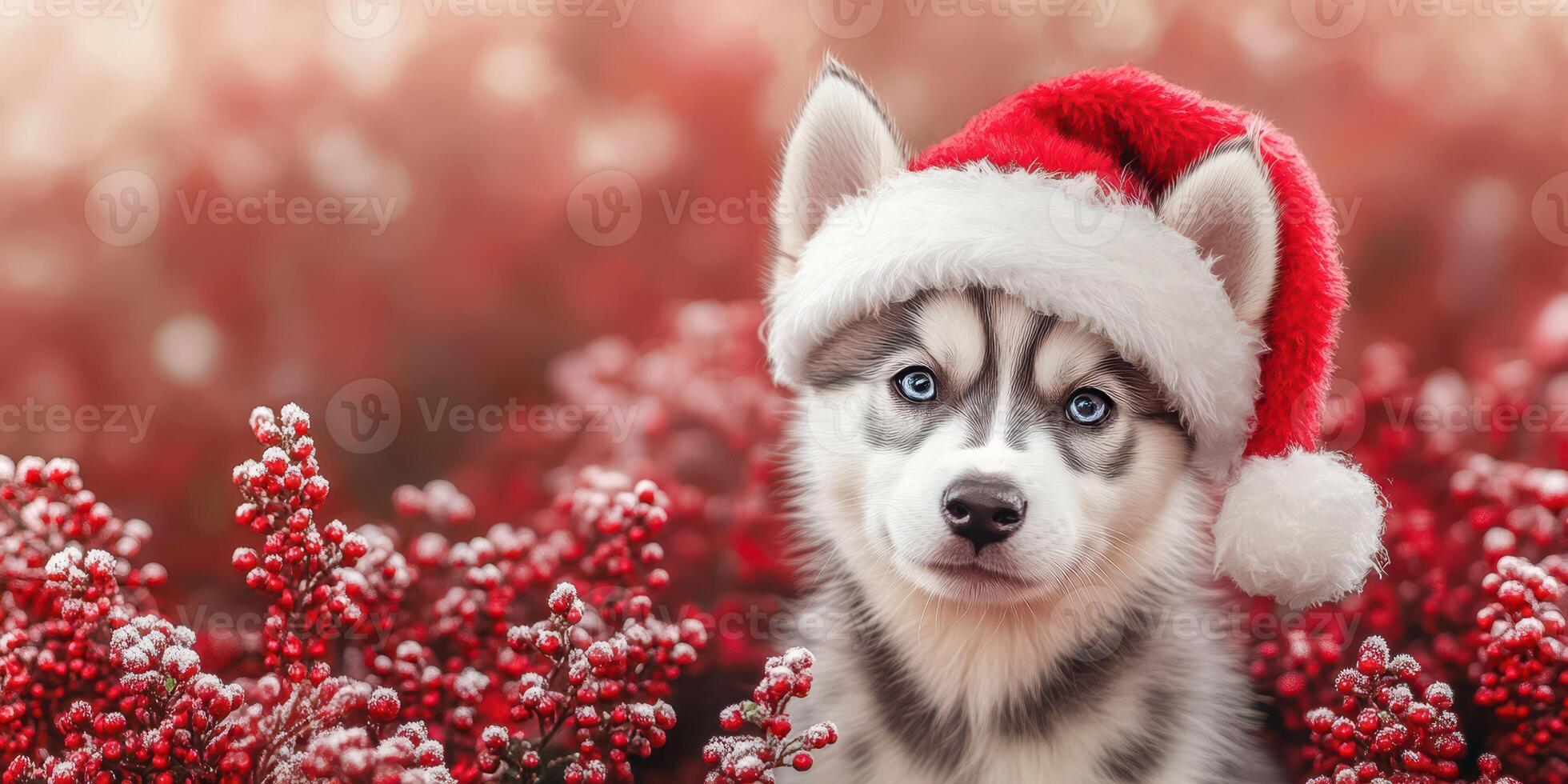 Cute husky puppy wearing a Santa hat amidst vibrant red berries for a festive winter celebration photo